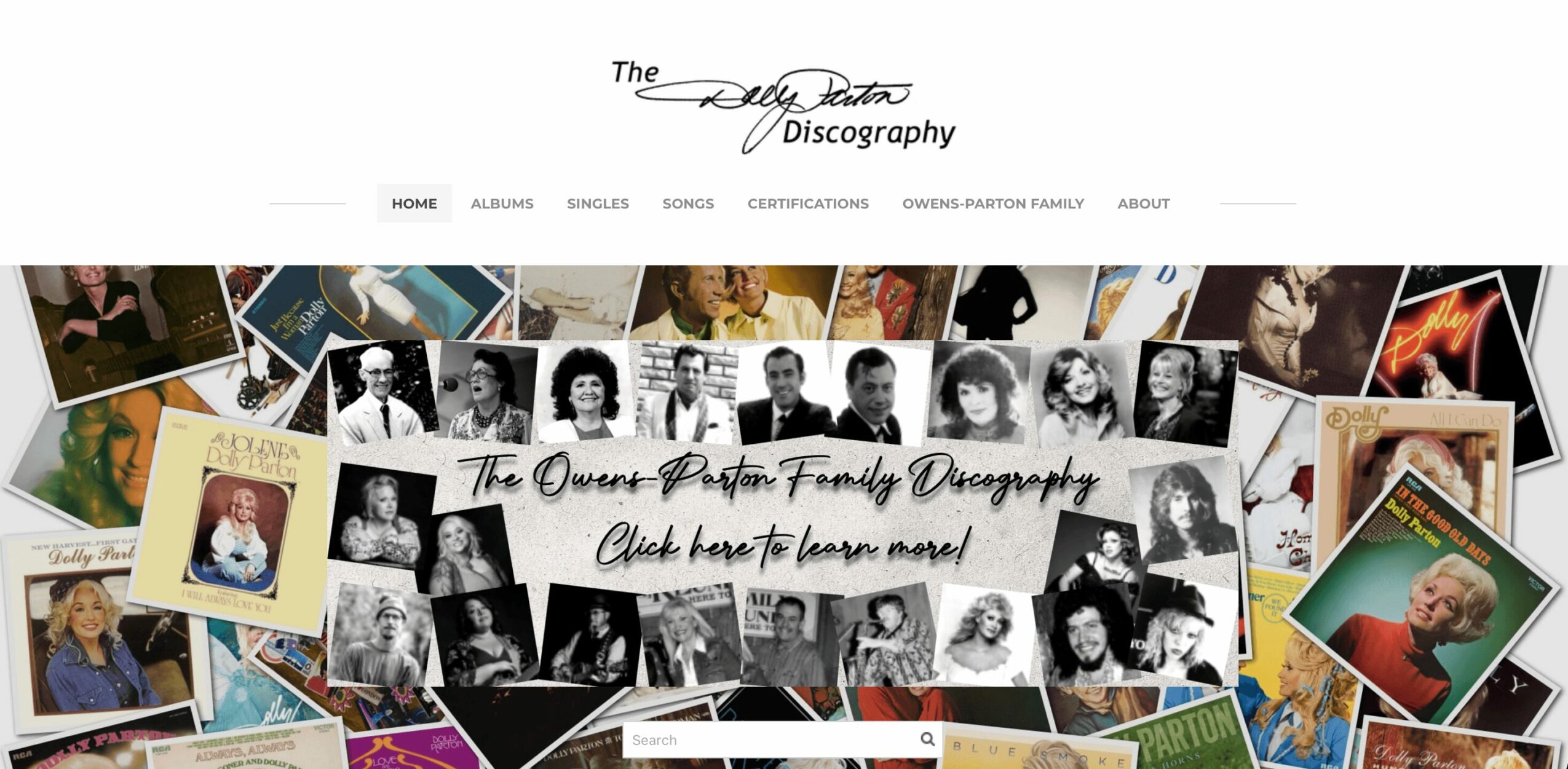 Collage of black and white and color photographs of people, with text about a family and personal discography.