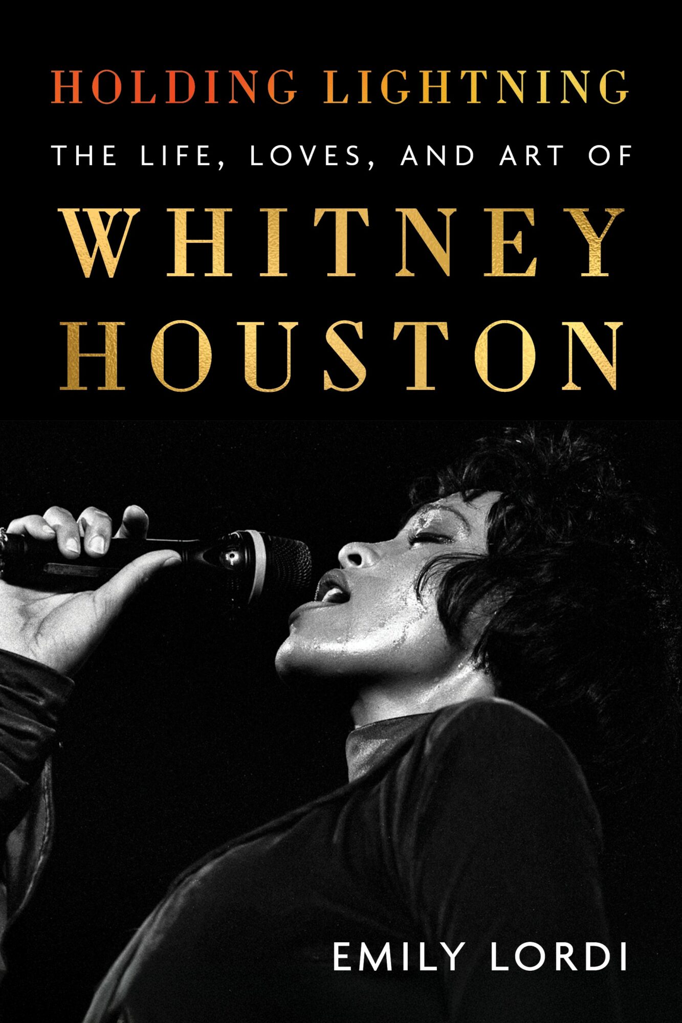 Black and white photo of Whitney Houston singing into a microphone, eyes closed, with text about her life and art.