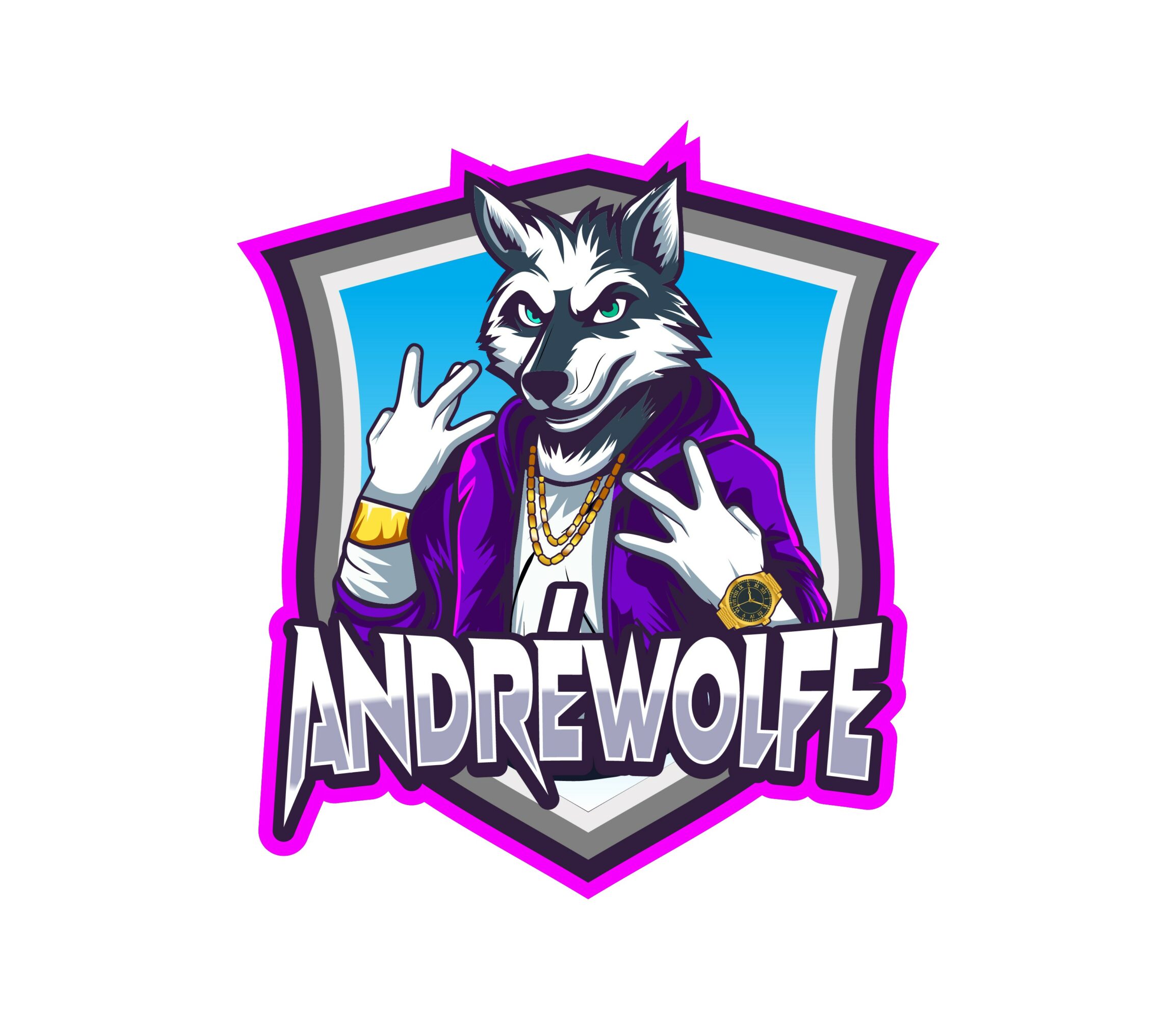 Anthropomorphic wolf character wearing a purple hoodie, gold chains, and a watch, with the text 'ANDREWOLFZ' below.