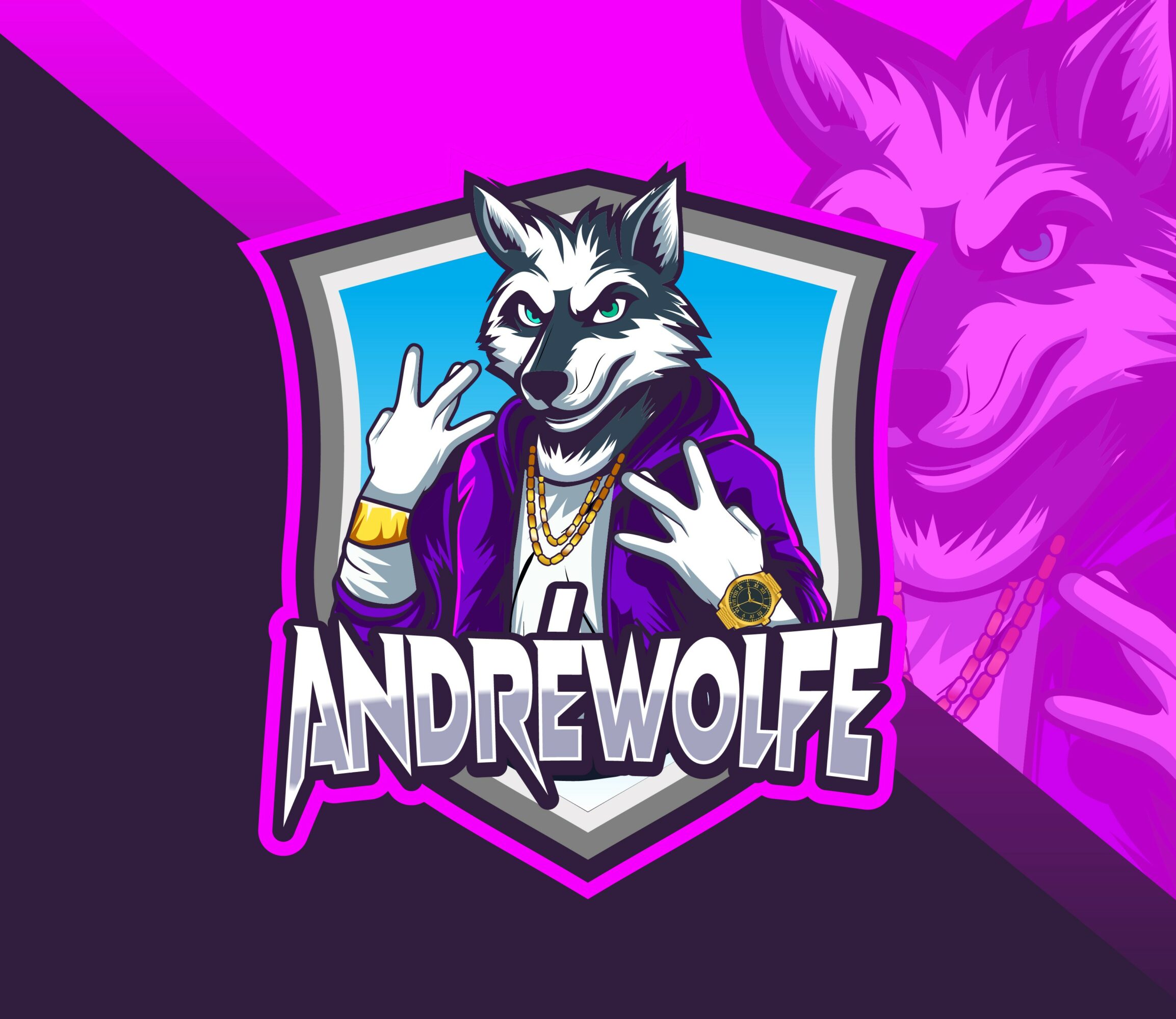 A cartoon wolf character with jewelry and a hoodie, holding up peace signs, in front of a shield with the text 'ANDREWOLFZ'.