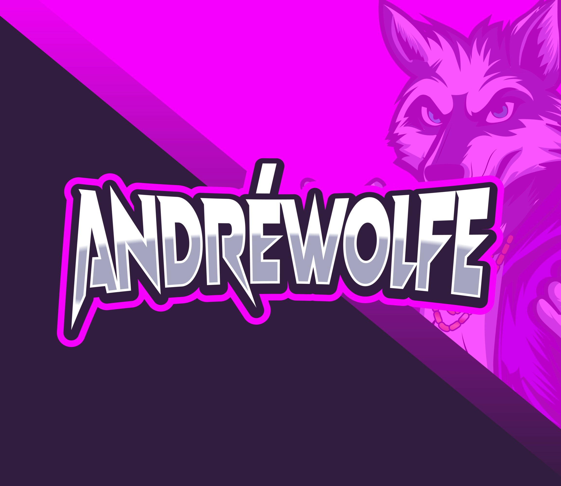 Text 'ANDREWOLFE' with a stylized wolf illustration in the background, purple and black color scheme.