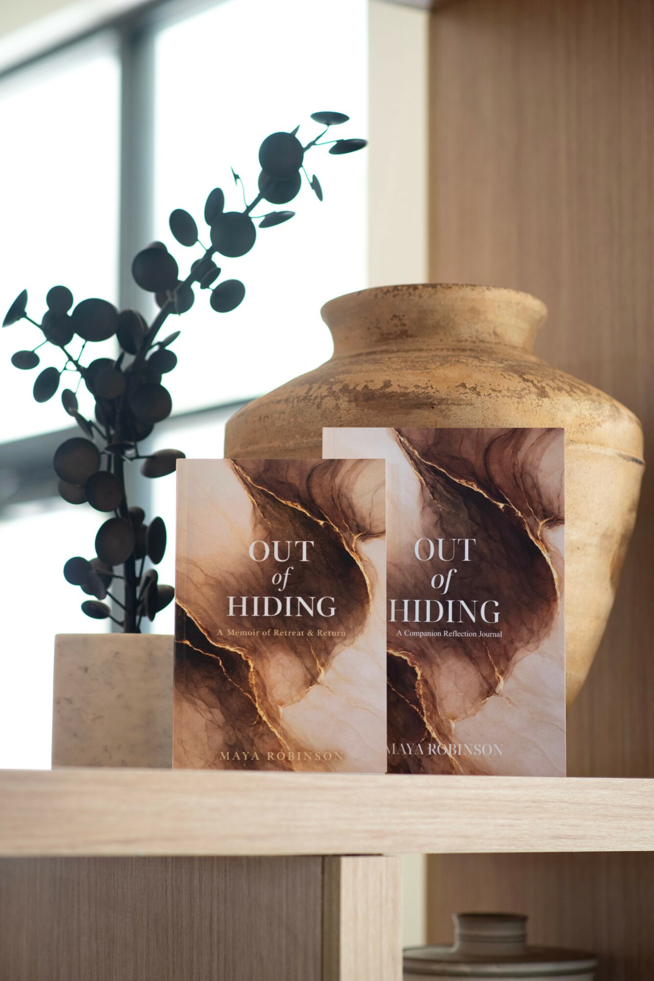 Two books titled 'Out of Hiding' stand on a shelf next to a large, textured ceramic vase and a plant with round leaves.