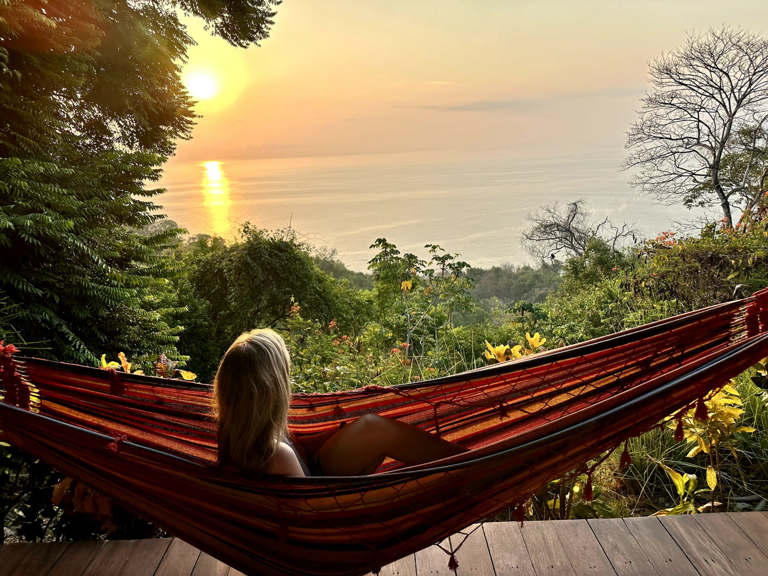 Person lying in a hammock overlooking a sunset over the ocean with trees and greenery around.