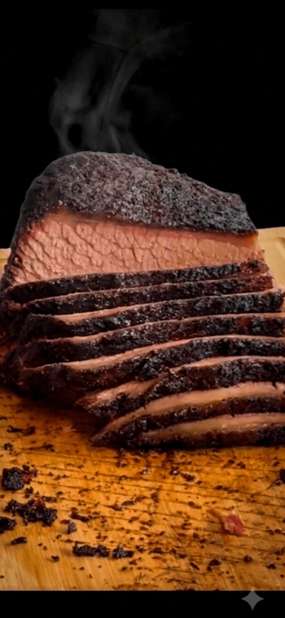 Sliced cooked meat with steam rising, on a wooden surface, with a dark background.