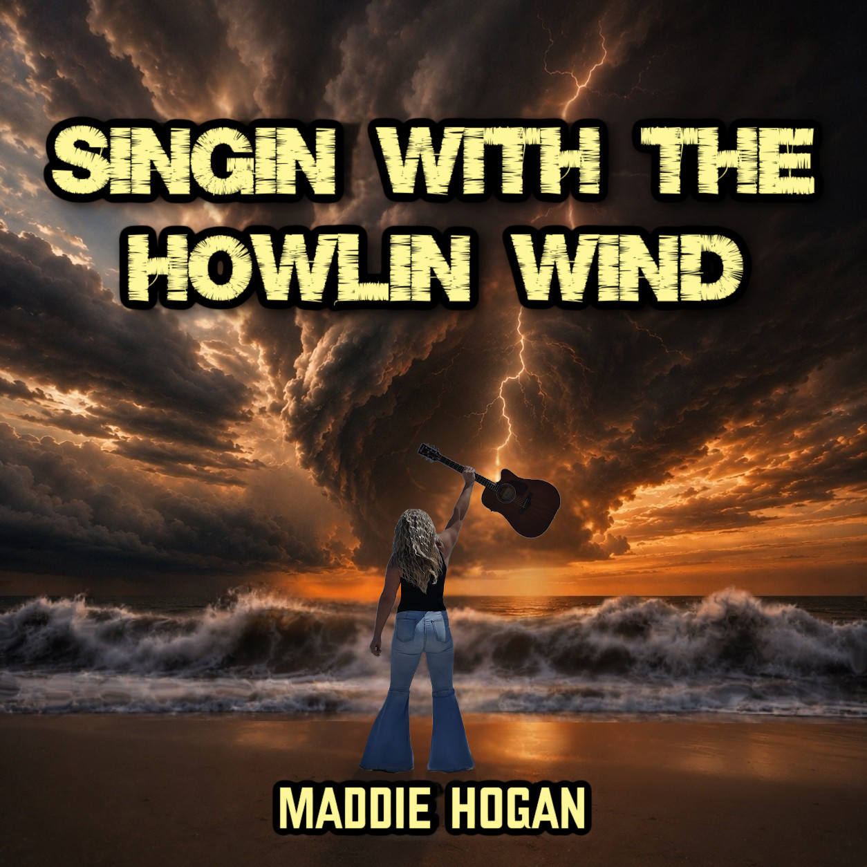 Person with long hair holding a guitar on a beach with stormy sky and lightning, text reads 'Singin with the Howlin Wind', author Maddie Hogan