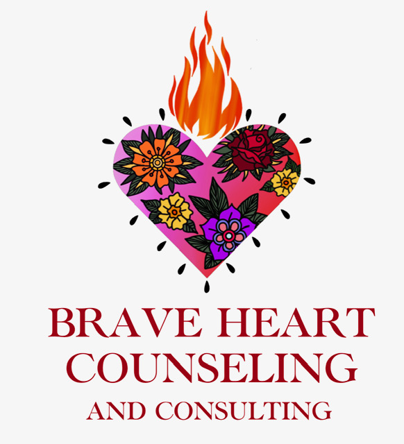 Heart with flames and flowers, text reads 'Brave Heart Counseling and Consulting', colorful and symbolic design.