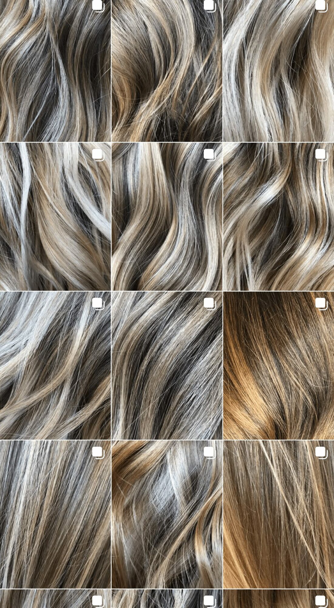 Multiple images of blonde hair with various highlights and styles, arranged in a grid pattern.
