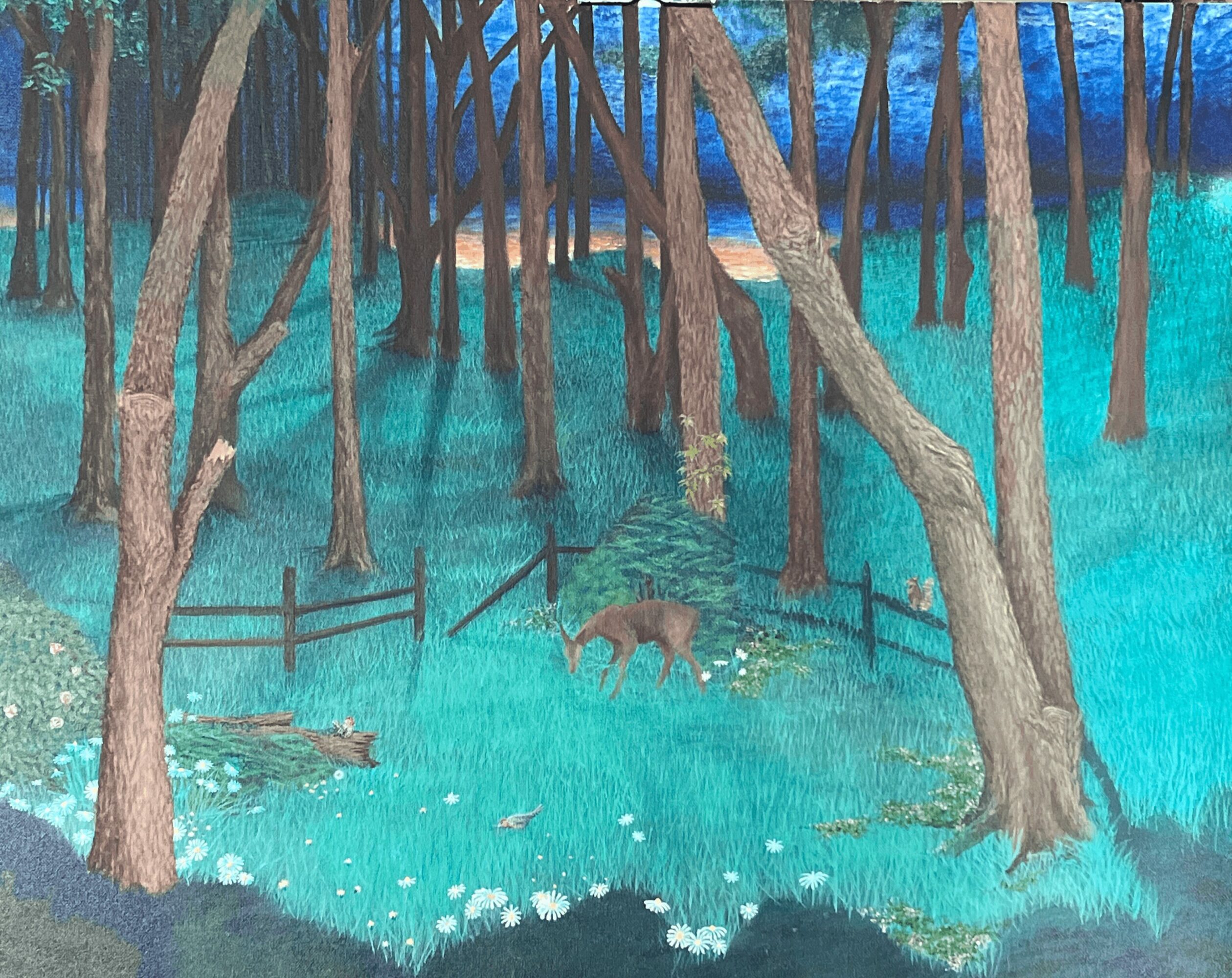 A forest scene with trees, a fox, and a fence, under a blue sky with clouds.