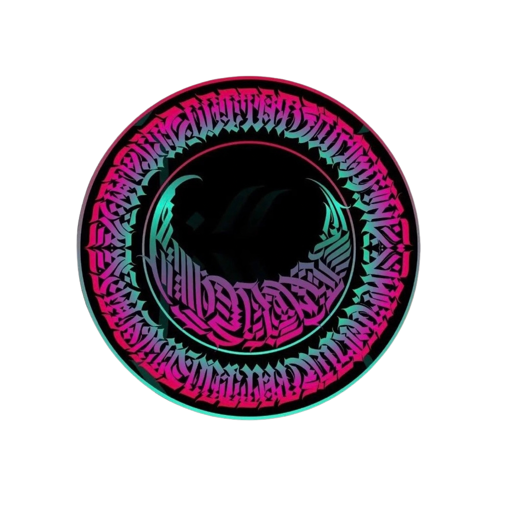 Colorful circular design with intricate patterns and text on a black background.