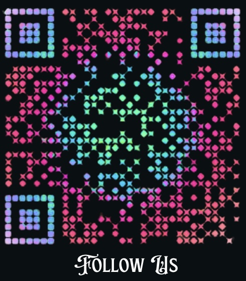 Colorful pixelated pattern with QR code elements and the text 'FOLLOW US' below, on a black background.