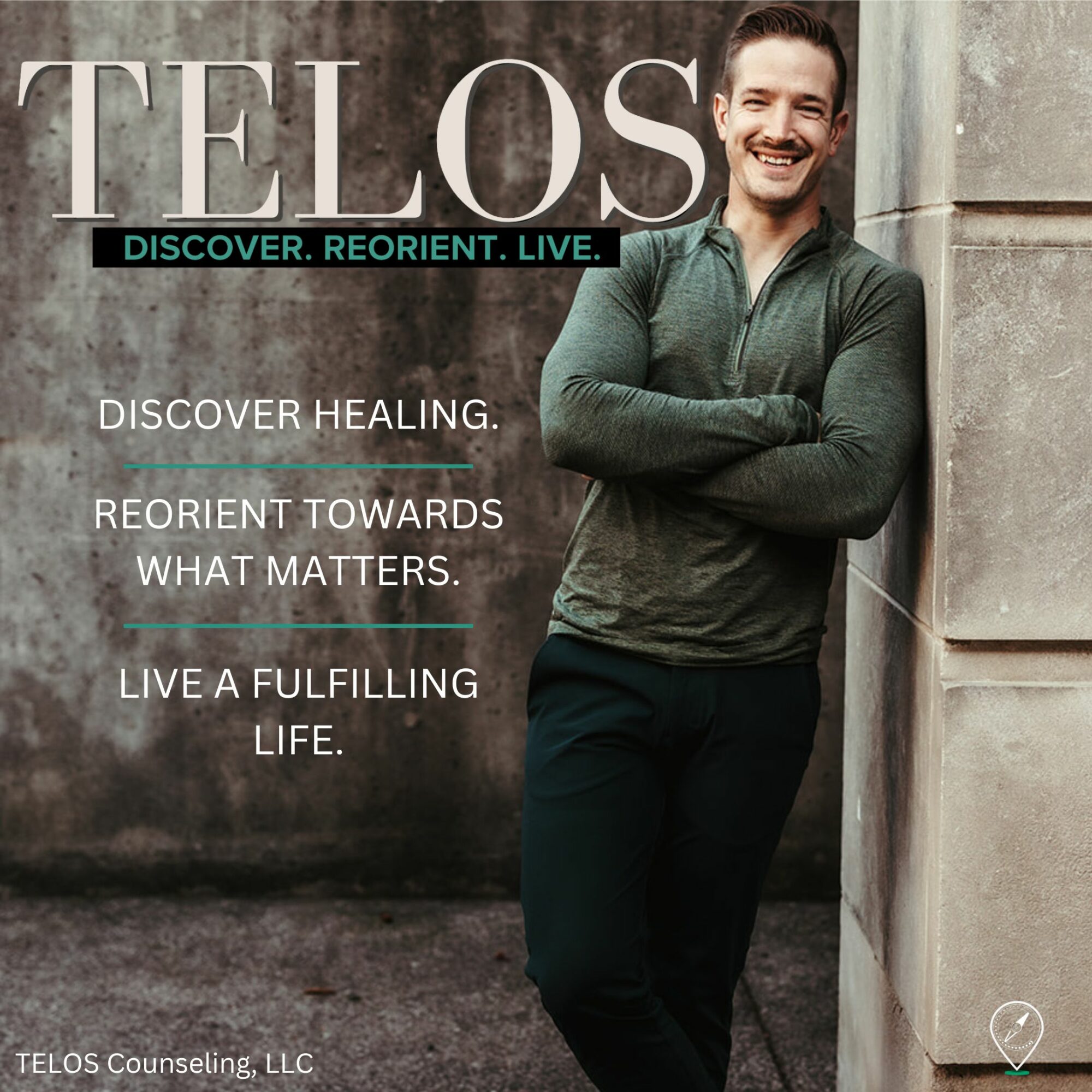 Smiling man leaning against a wall with text about healing and living a fulfilling life.