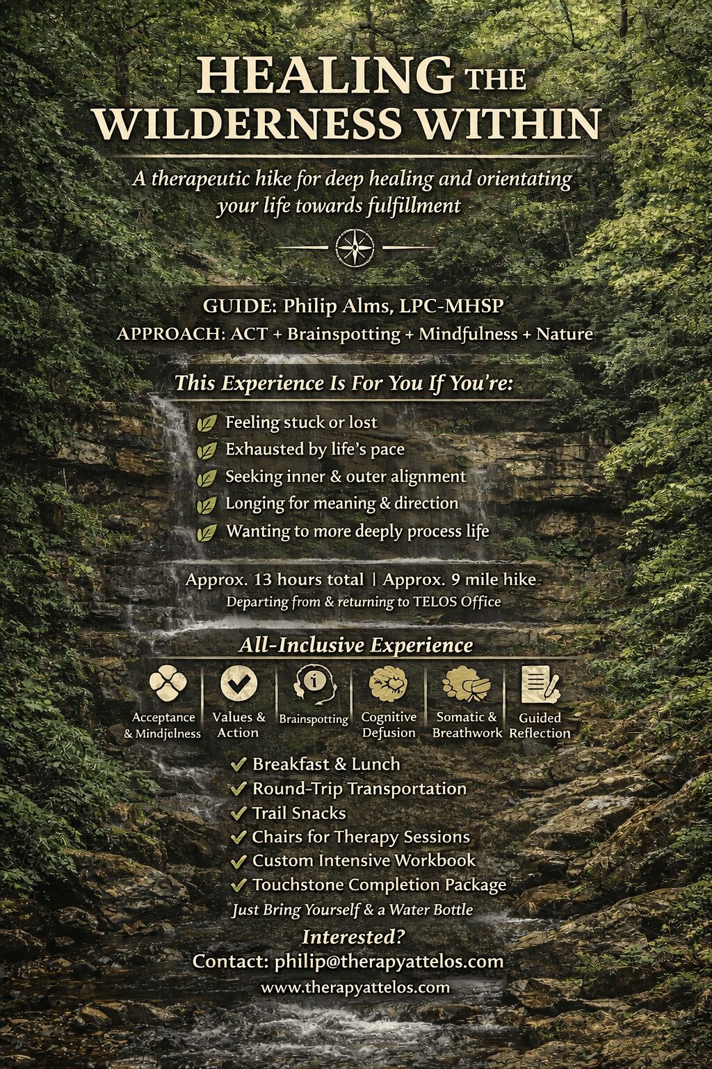 Book cover titled 'Healing the Wilderness Within' with subtitle, author, and description of content, including a guide and experience details.