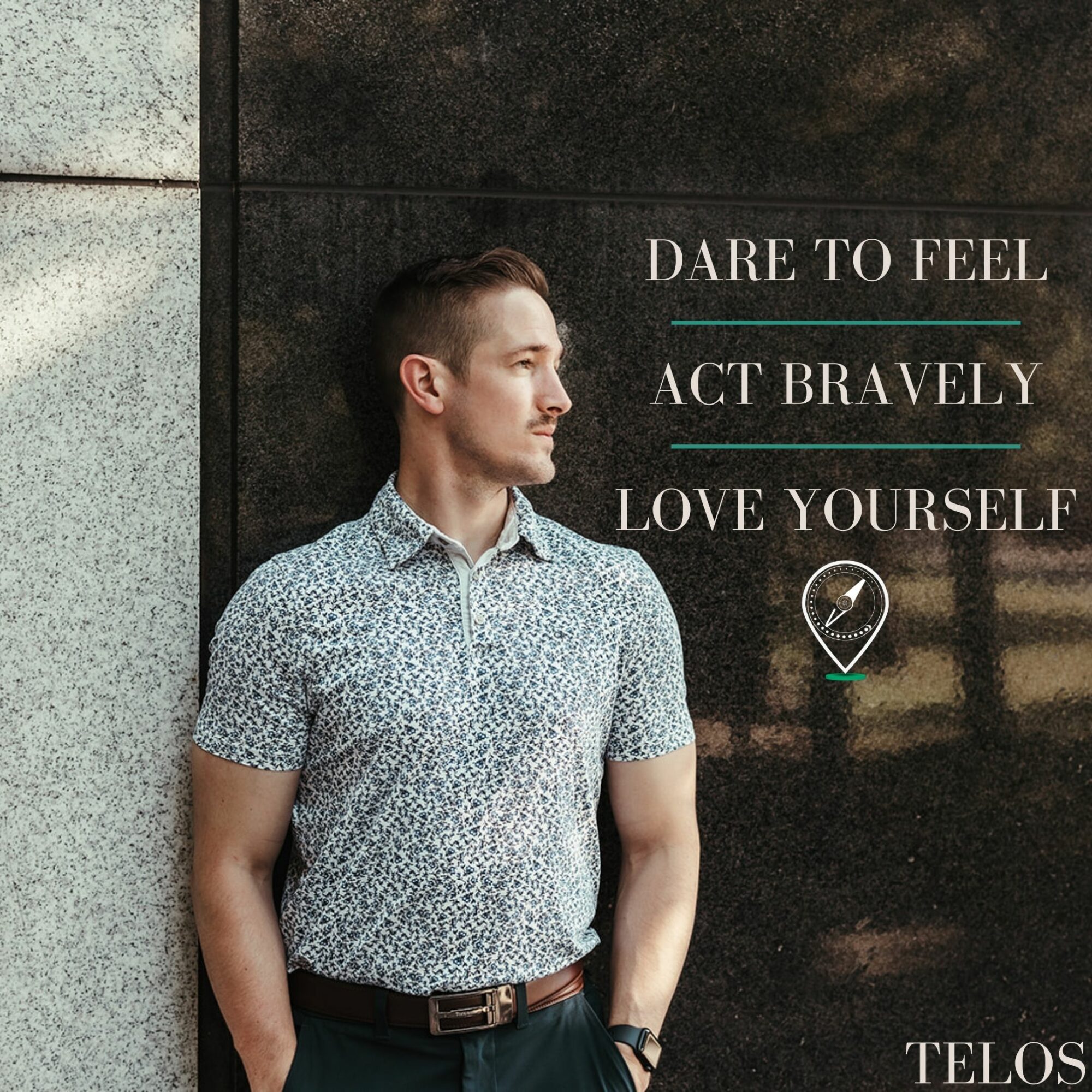 Young man in patterned shirt standing against a dark wall with motivational text, looking to the side.