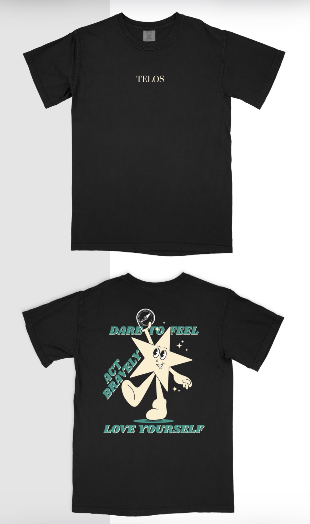 Black T-shirt with a graphic of a star and text, displayed on a white background.