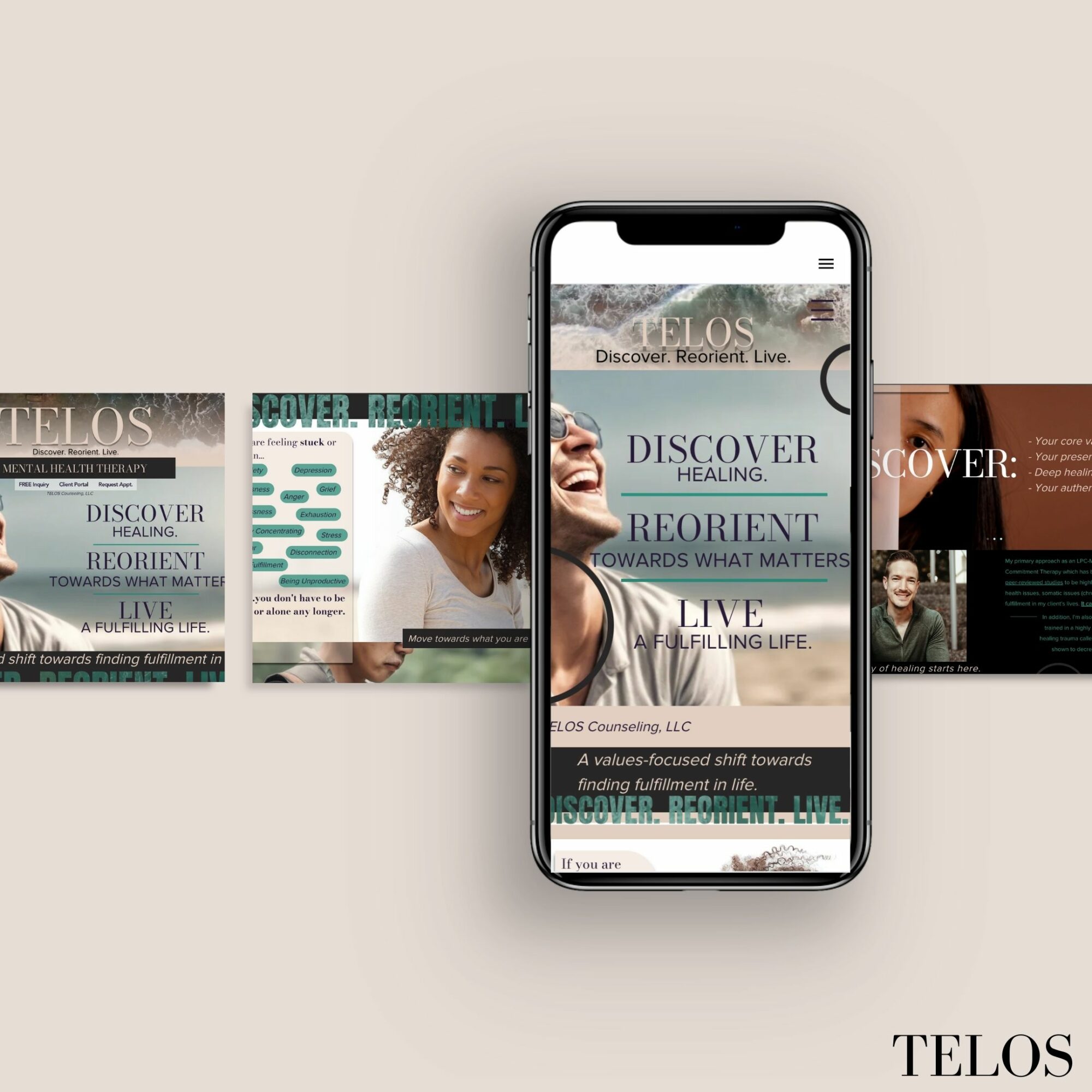 Smartphone displaying a website with images of smiling people and text about healing and life. The phone is on a light background.