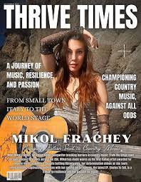 Woman with long hair holding a guitar, text about music and resilience, magazine cover titled 'Thrive Times'.