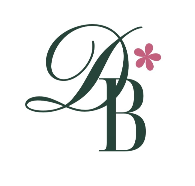 Stylized initials 'D' and 'B' with a pink flower, in elegant script, on a white background.