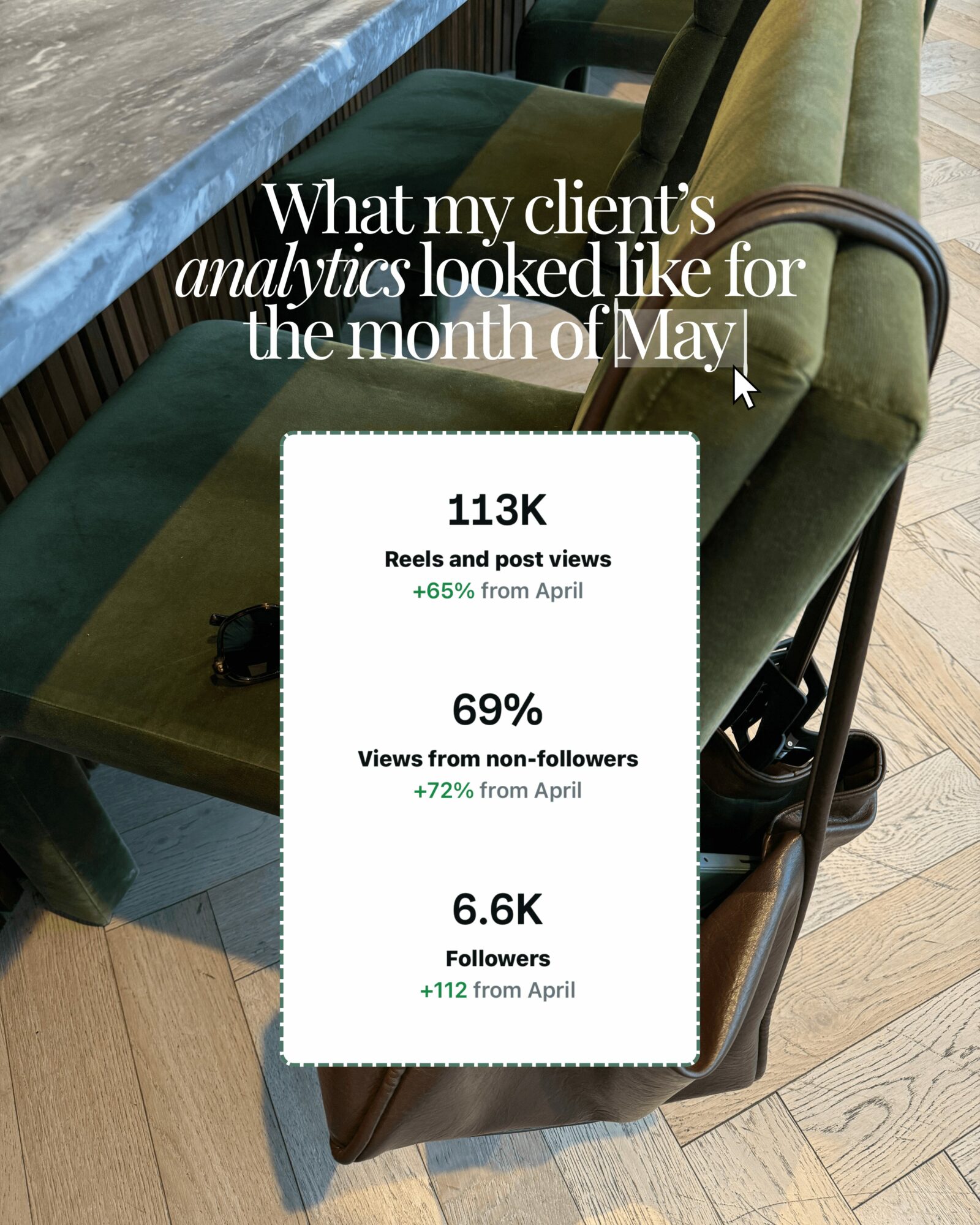 Green chairs with a white overlay showing analytics data, including views, followers, and growth percentages.