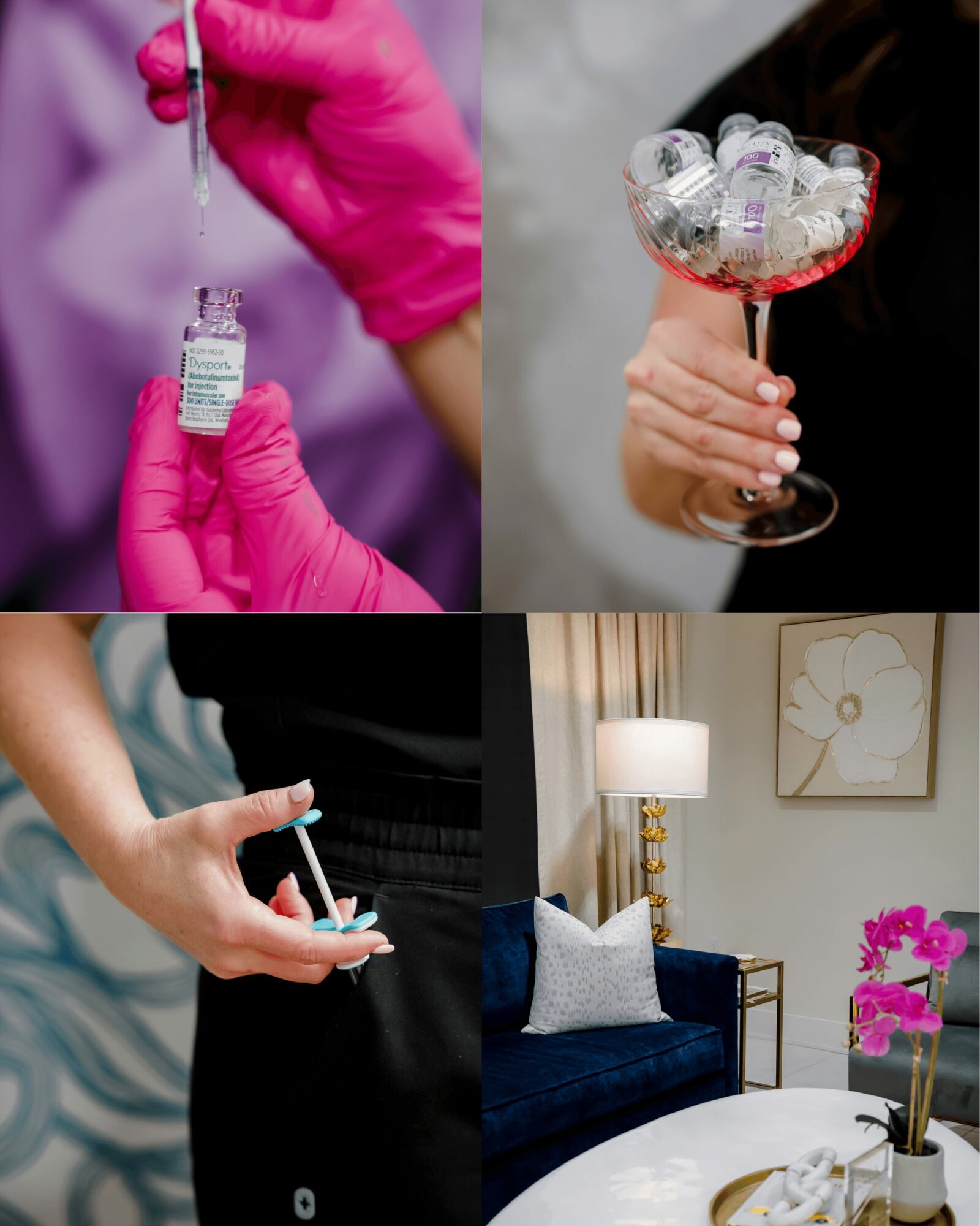 Person in pink gloves handling a vaccine vial and syringe, person holding a cocktail glass with ice, person with a pill and spoon, and a living room with a sofa, lamp, artwork, and flowers.