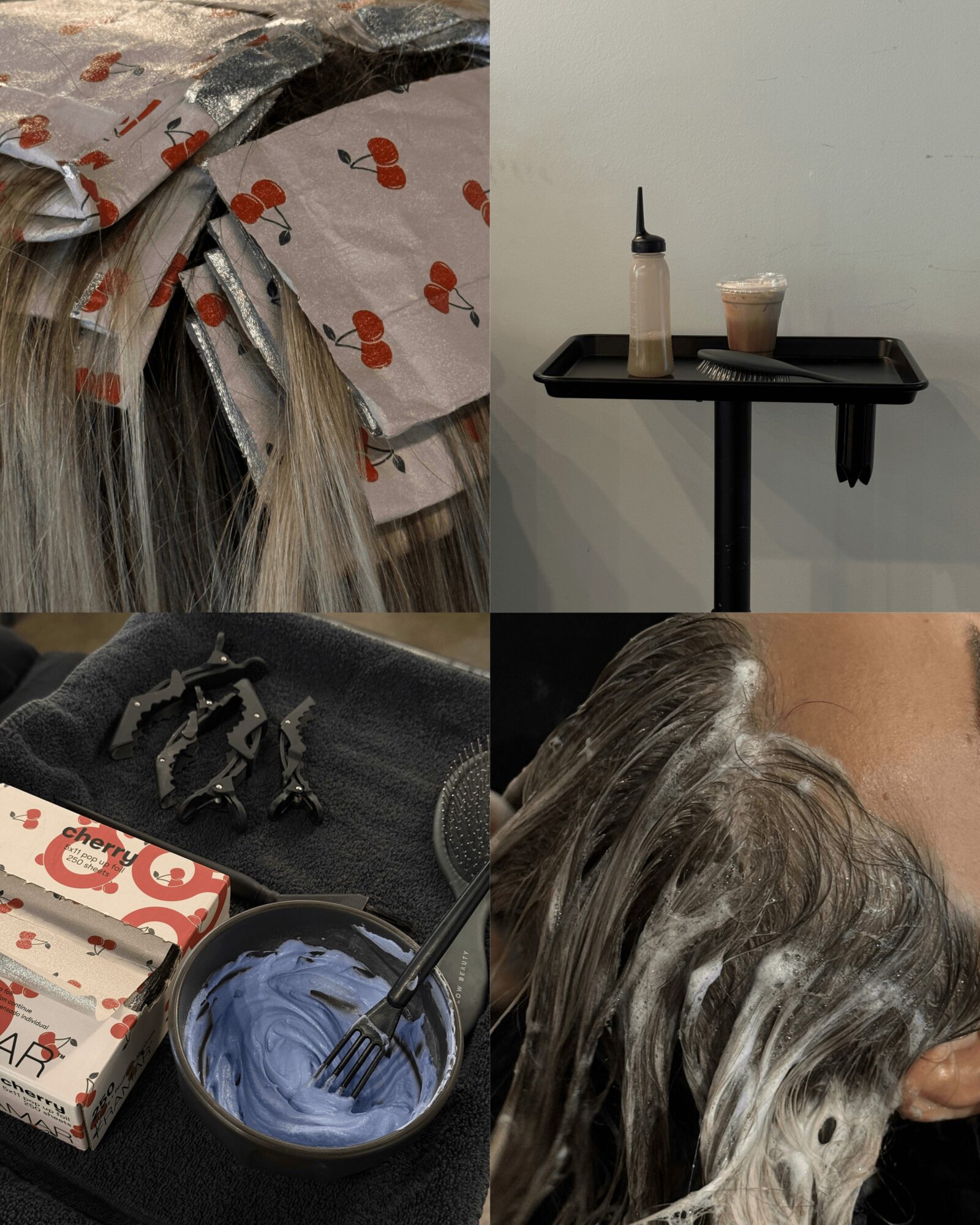 Top left: stacks of newspapers or magazines. Top right: a tray with a bottle and a cup. Bottom left: a bowl with a fork and a box. Bottom right: a person with wet hair getting a haircut or shampoo. Word count: 20, confidence: 0.9