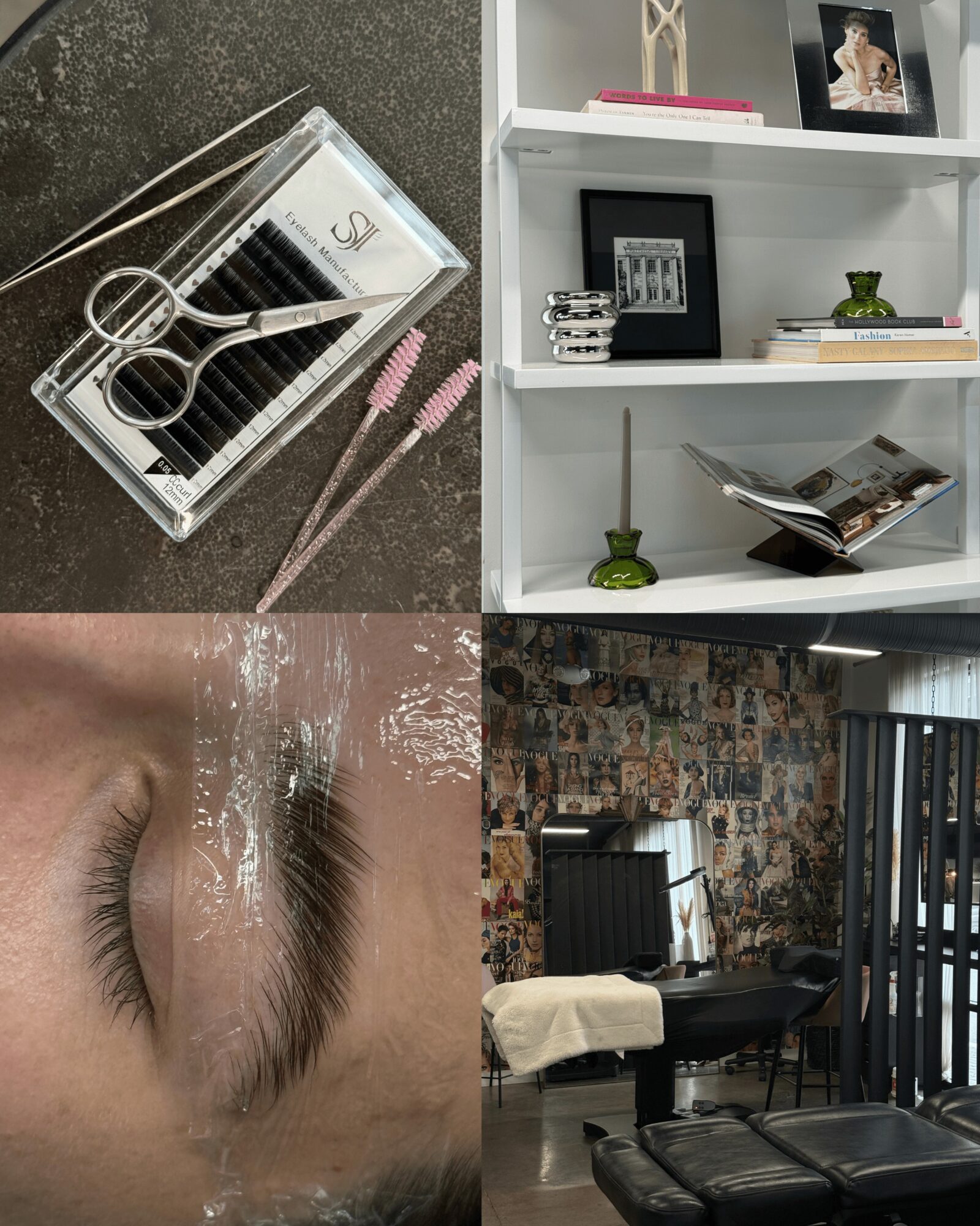 A clear plastic container with eyelash extensions, pink tweezers, and a small brush on a dark surface. A closed eye with long eyelashes is below. A bookshelf with framed photos and decorative items is in the background.