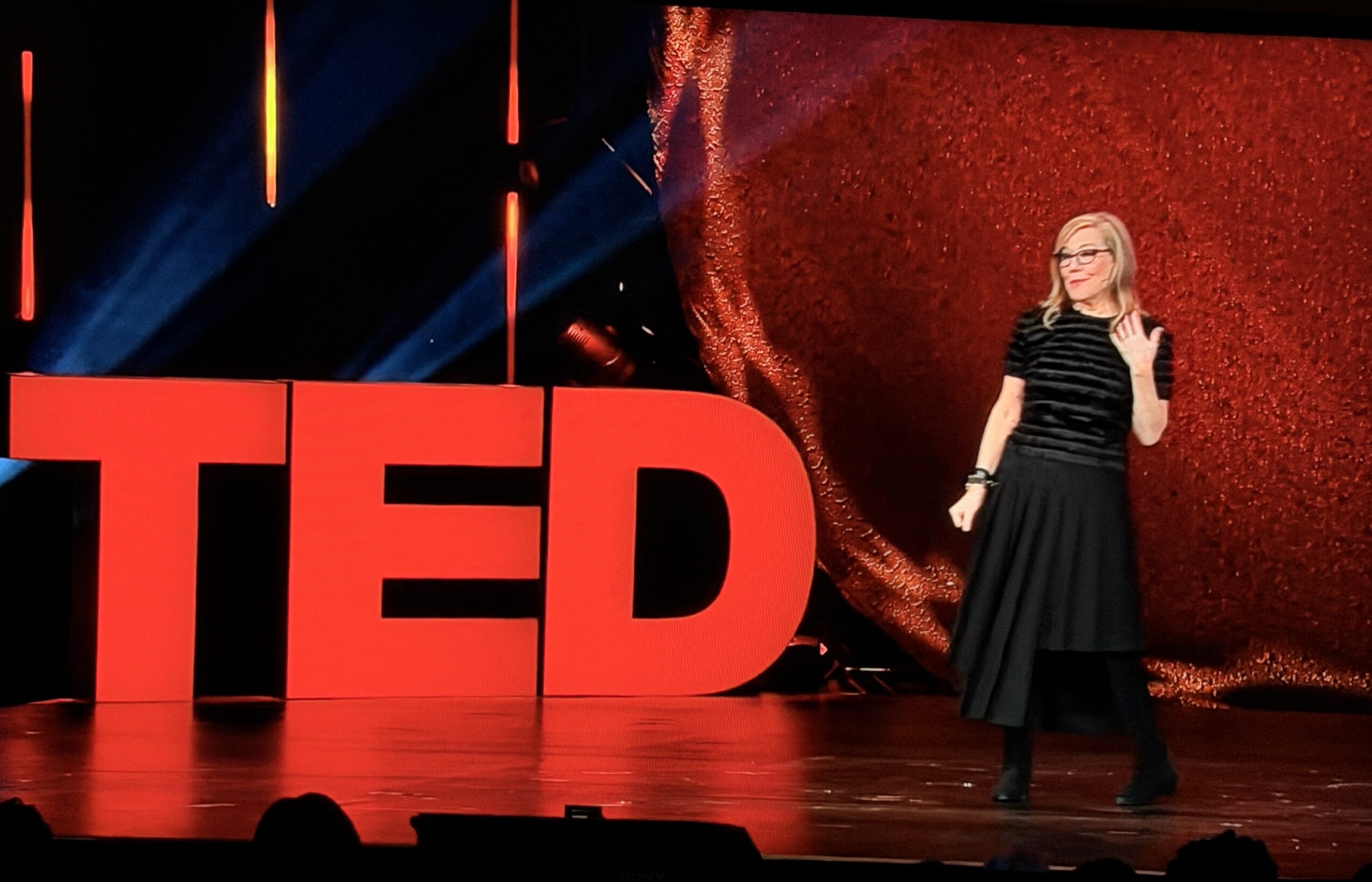 Woman speaking on stage with large red TED letters and a red background, wearing glasses and a black dress.