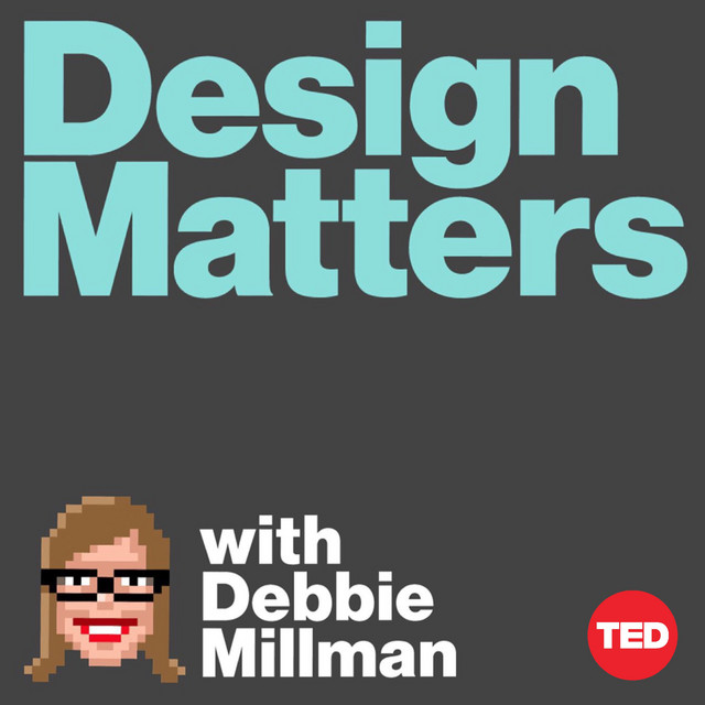 Text reads 'Design Matters with Debbie Millman' on a dark background, with a pixel art avatar and TED logo.