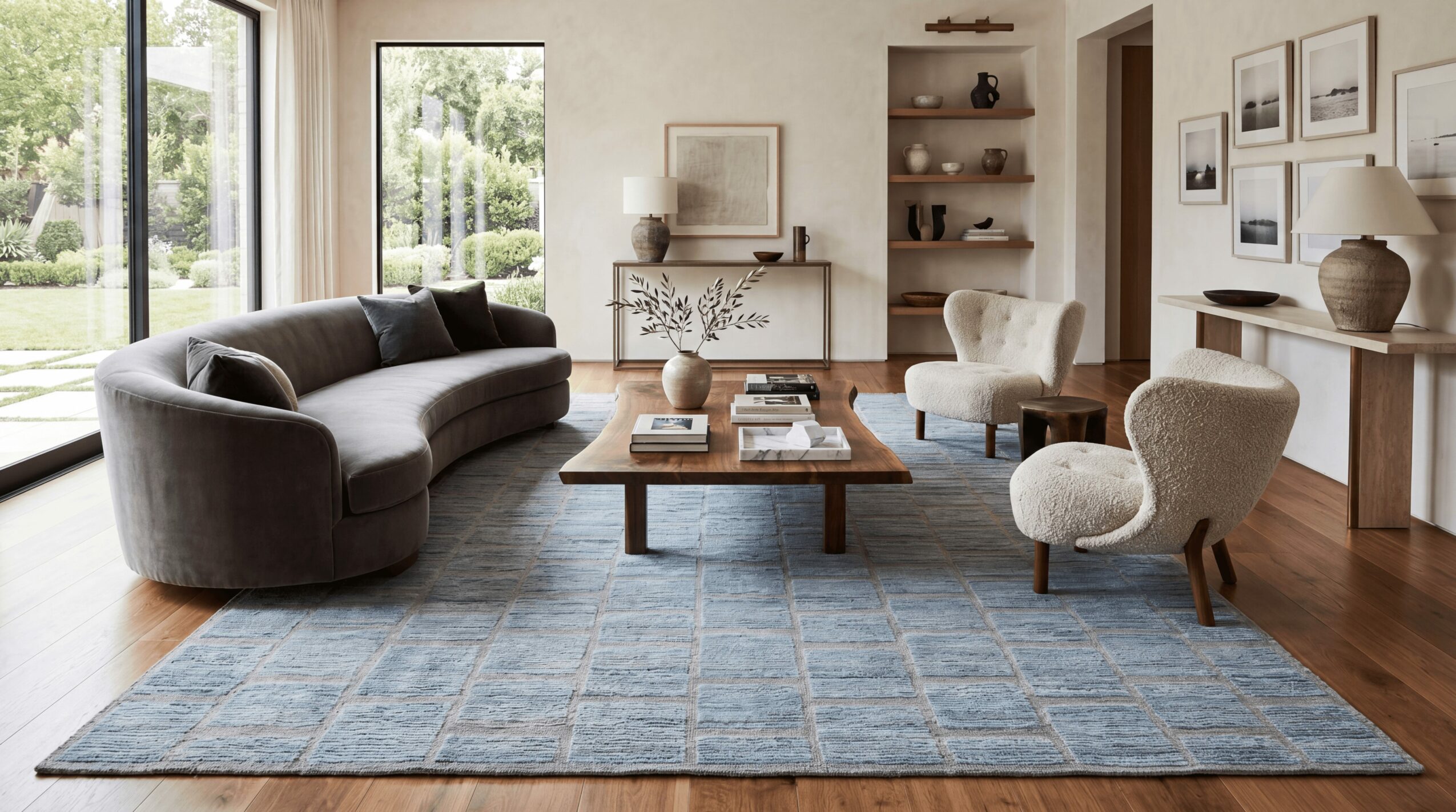 Living room with large window, gray sofa, wooden coffee table, armchair, and decorative items, bright and spacious.