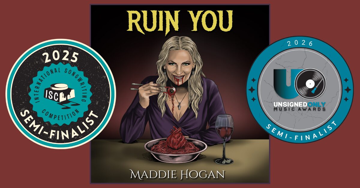 Book cover titled 'RUIN YOU' by Maddie Hogan, featuring a woman with gray hair eating a meal, with two semi-finalist badges on sides.