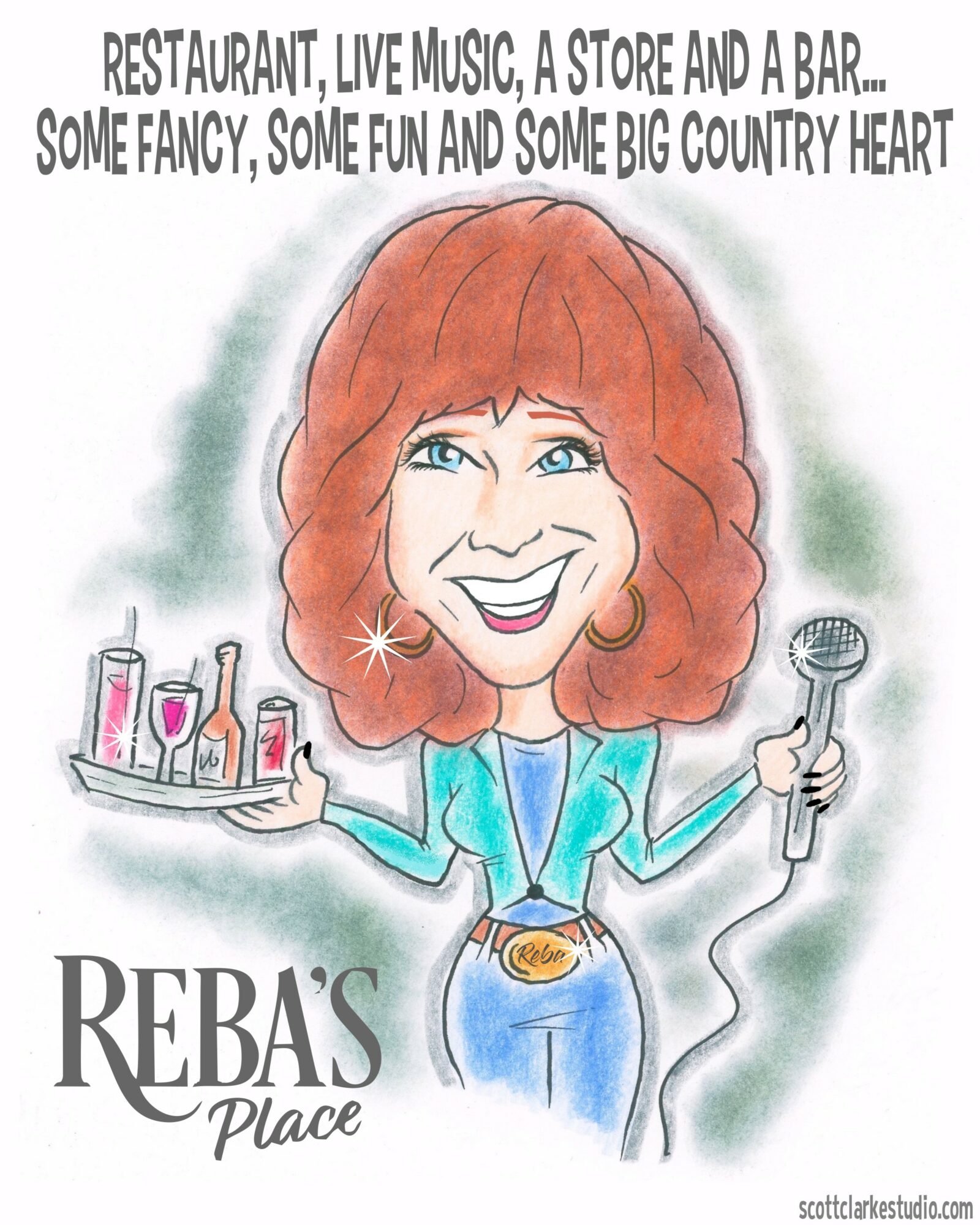 Caricature of a woman with red hair holding a tray of drinks and a microphone, smiling, with text above and below.