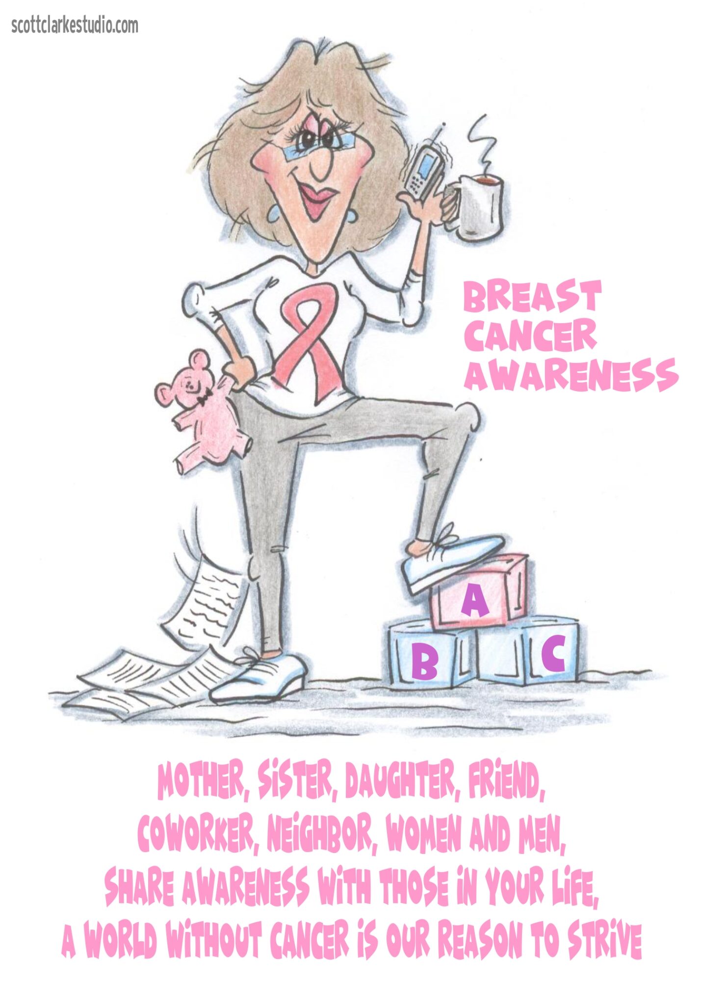 Cartoon woman with a pink ribbon, holding a coffee mug and a teddy bear, standing on ABC blocks, promoting breast cancer awareness.