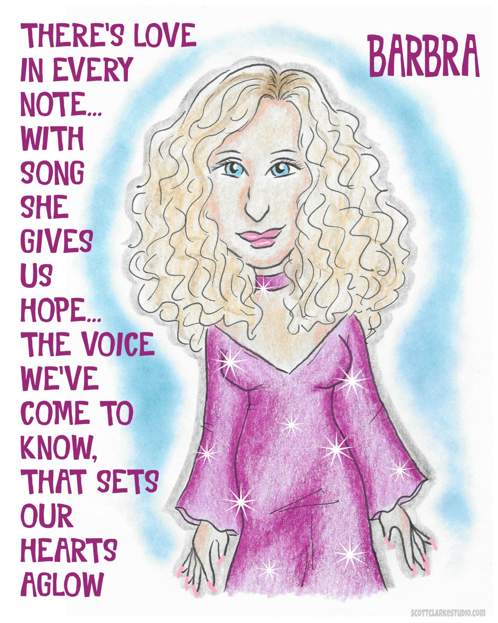 Illustration of a woman with curly hair wearing a pink dress, with text about love and hope on the left and her name, Barbra, on the right.