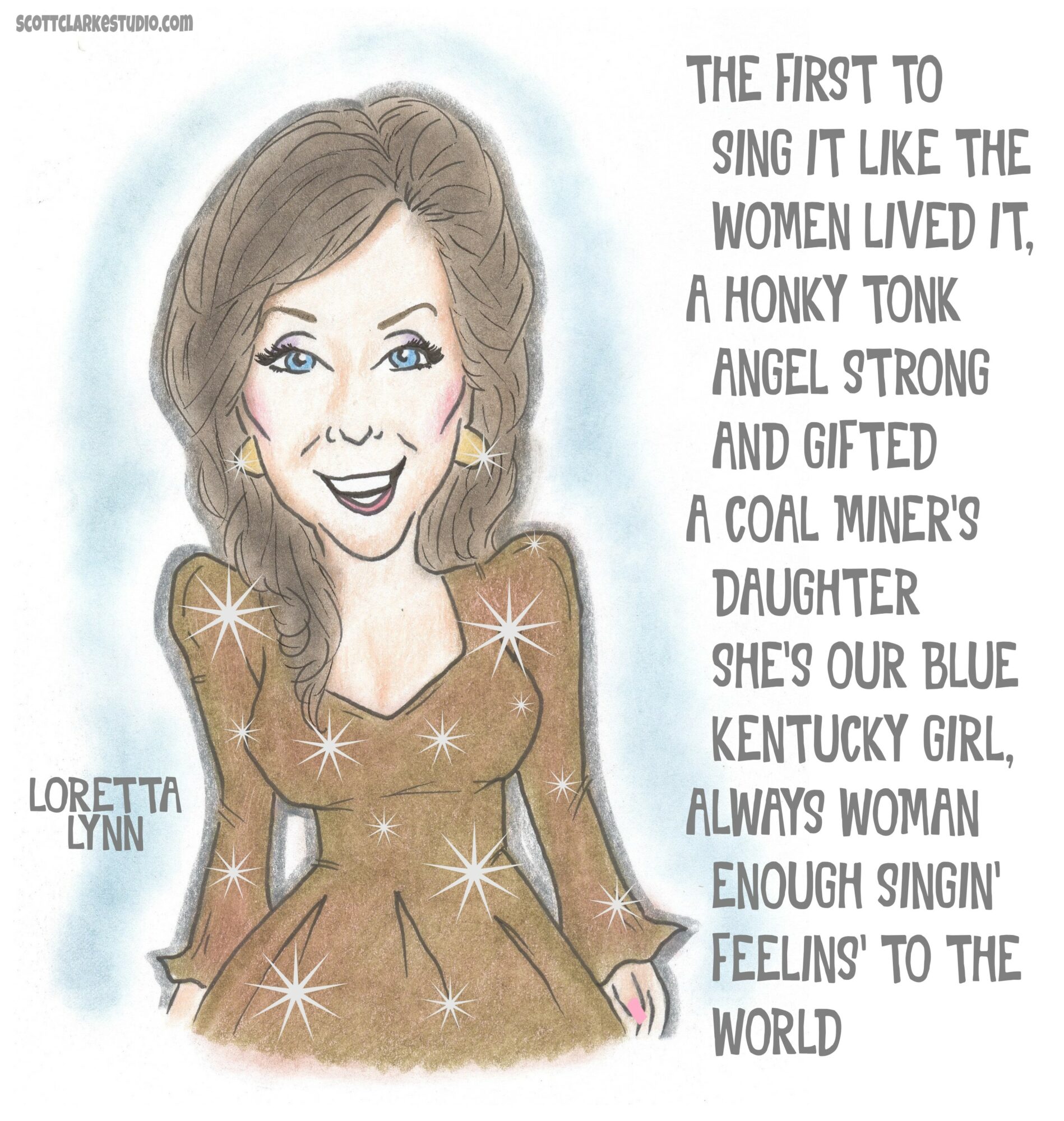 Caricature of a woman with wavy hair in a brown dress with star patterns, smiling, with text about singing and a Kentucky girl.
