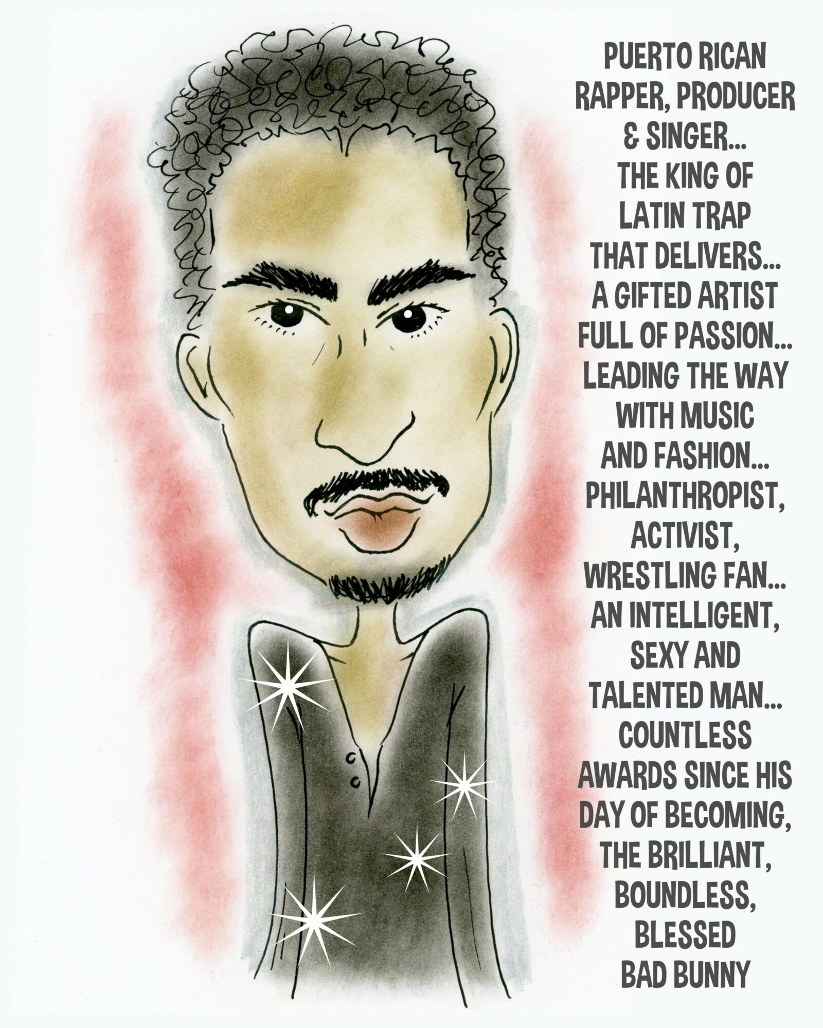 Caricature of a man with curly hair, thick eyebrows, and a mustache, wearing a dark jacket with sparkles, text on the right.