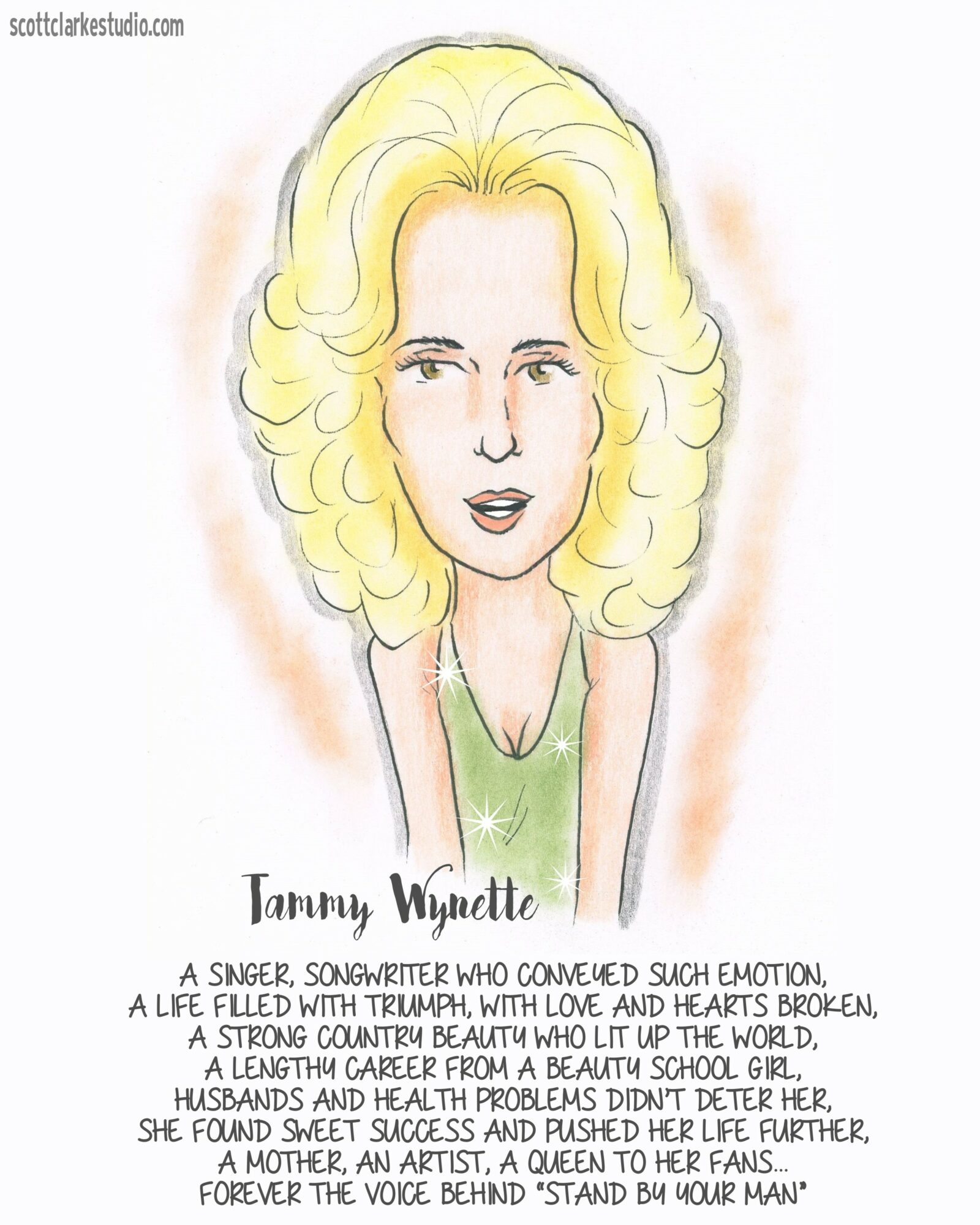 Caricature of a woman with curly blonde hair wearing a green top, with a neutral background.