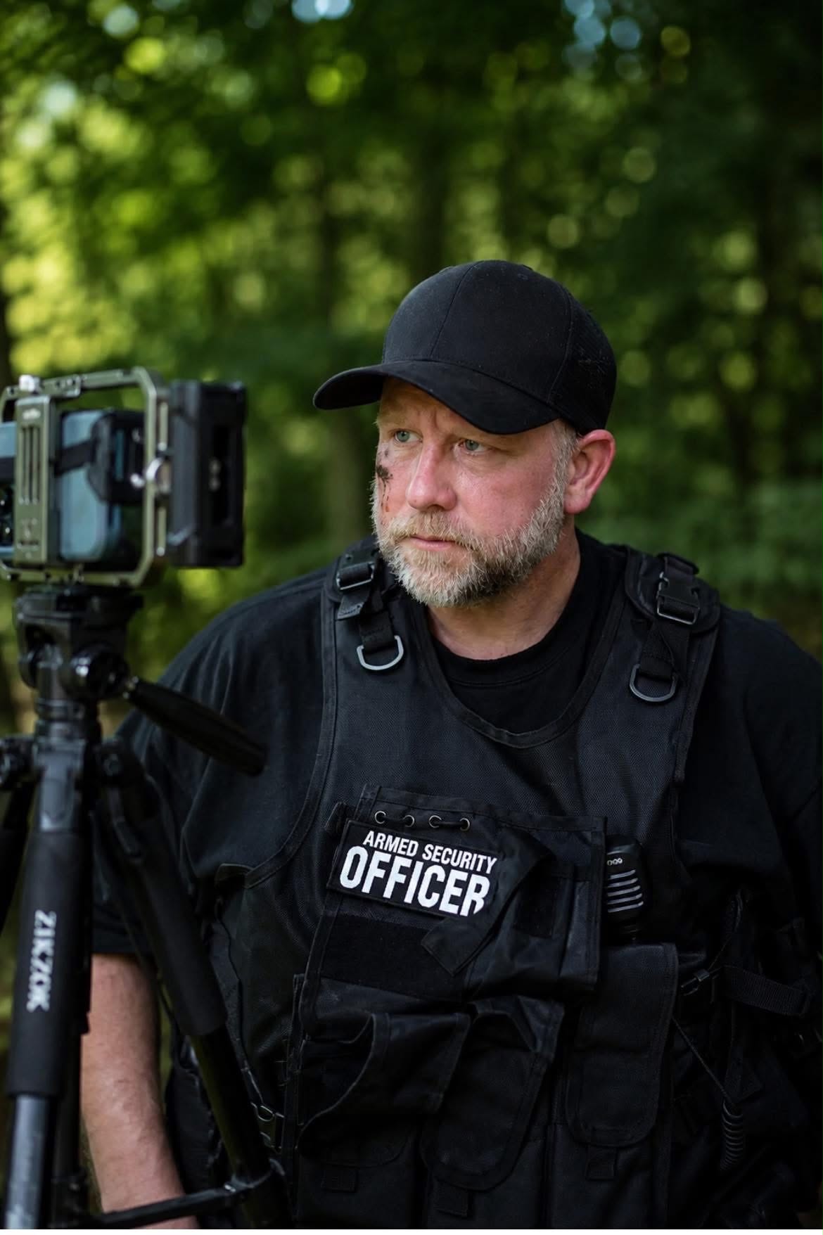 Security officer with camera outdoors, wearing black uniform and cap, in a green, leafy environment.