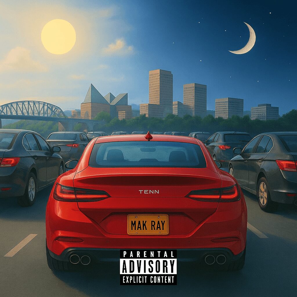 Red sports car in parking lot with city skyline, moon, and sun in background, daytime and nighttime sky, parental advisory label.