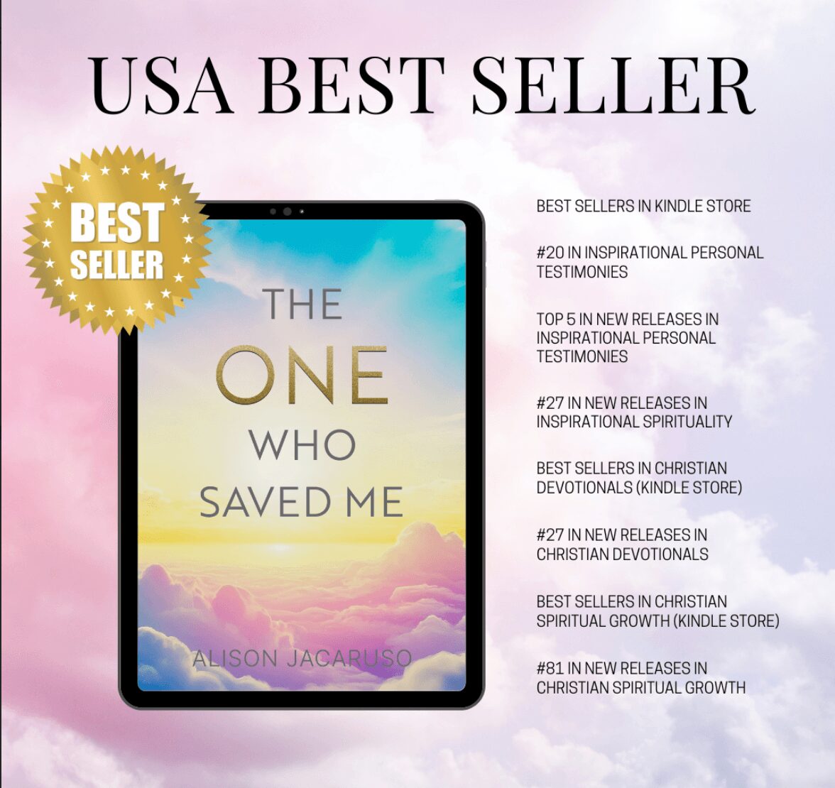 Book cover titled 'The One Who Saved Me' with a tablet displaying a colorful sky, surrounded by text about best sellers.