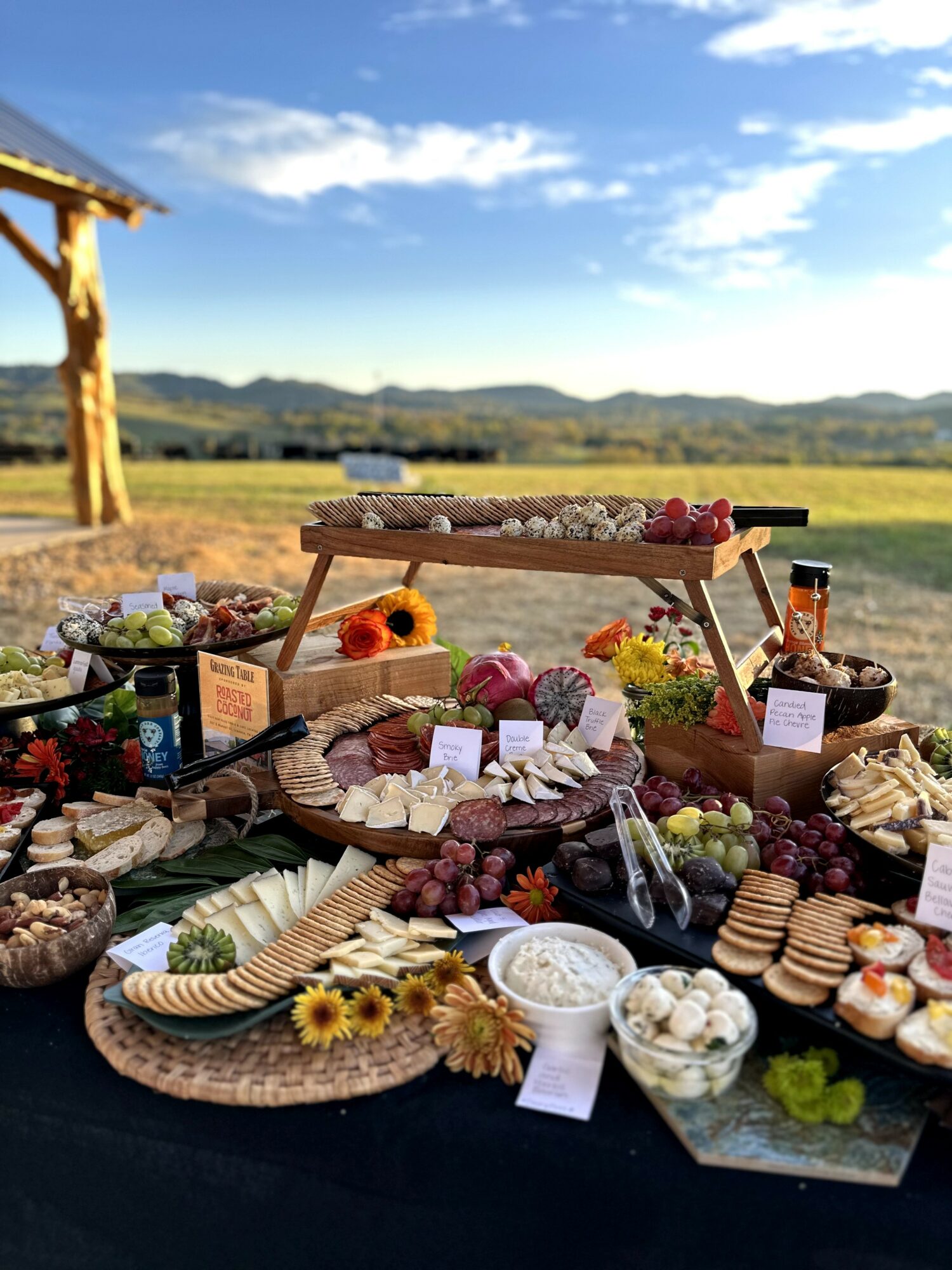 Outdoor display of various baked goods and snacks on a table with a scenic landscape background.