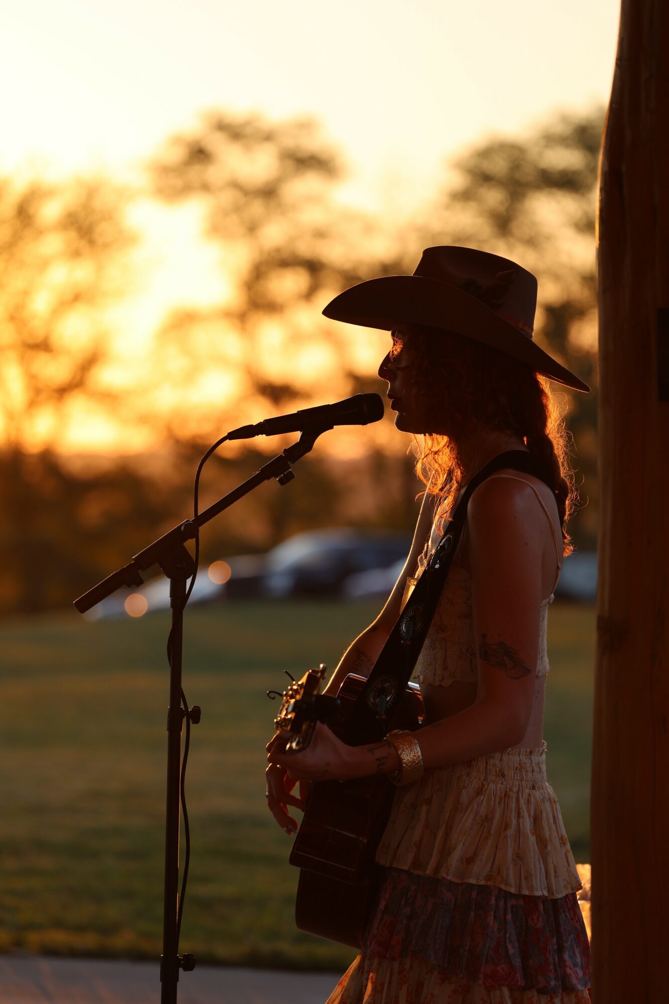 Silhouette of a woman wearing a hat, holding a guitar, speaking into a microphone outdoors at sunset.