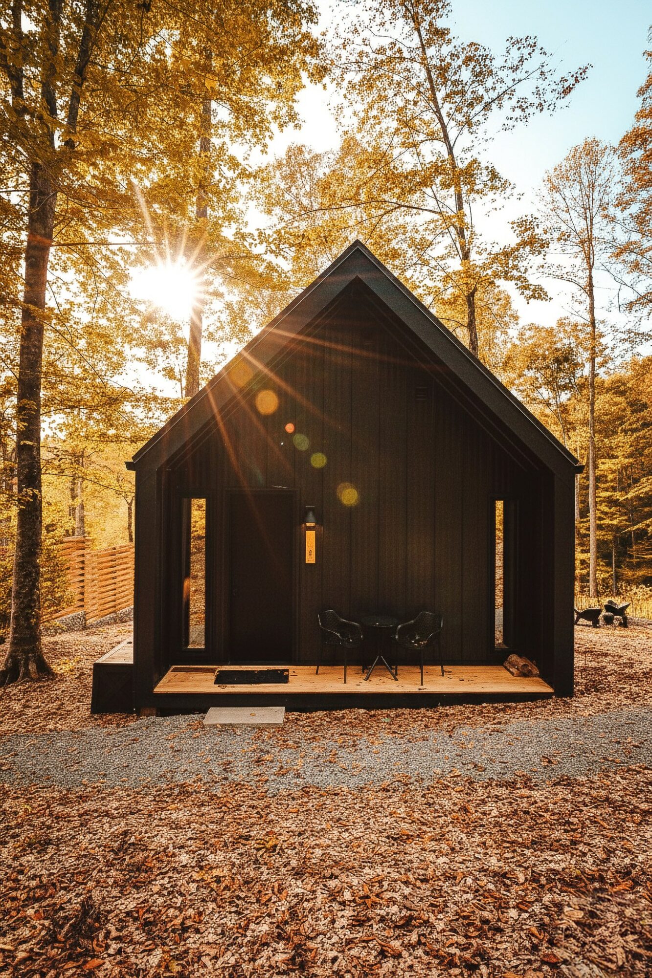 Small black wooden cabin with a triangular roof, surrounded by trees with autumn leaves, sunlight shining through, and a bench outside.
