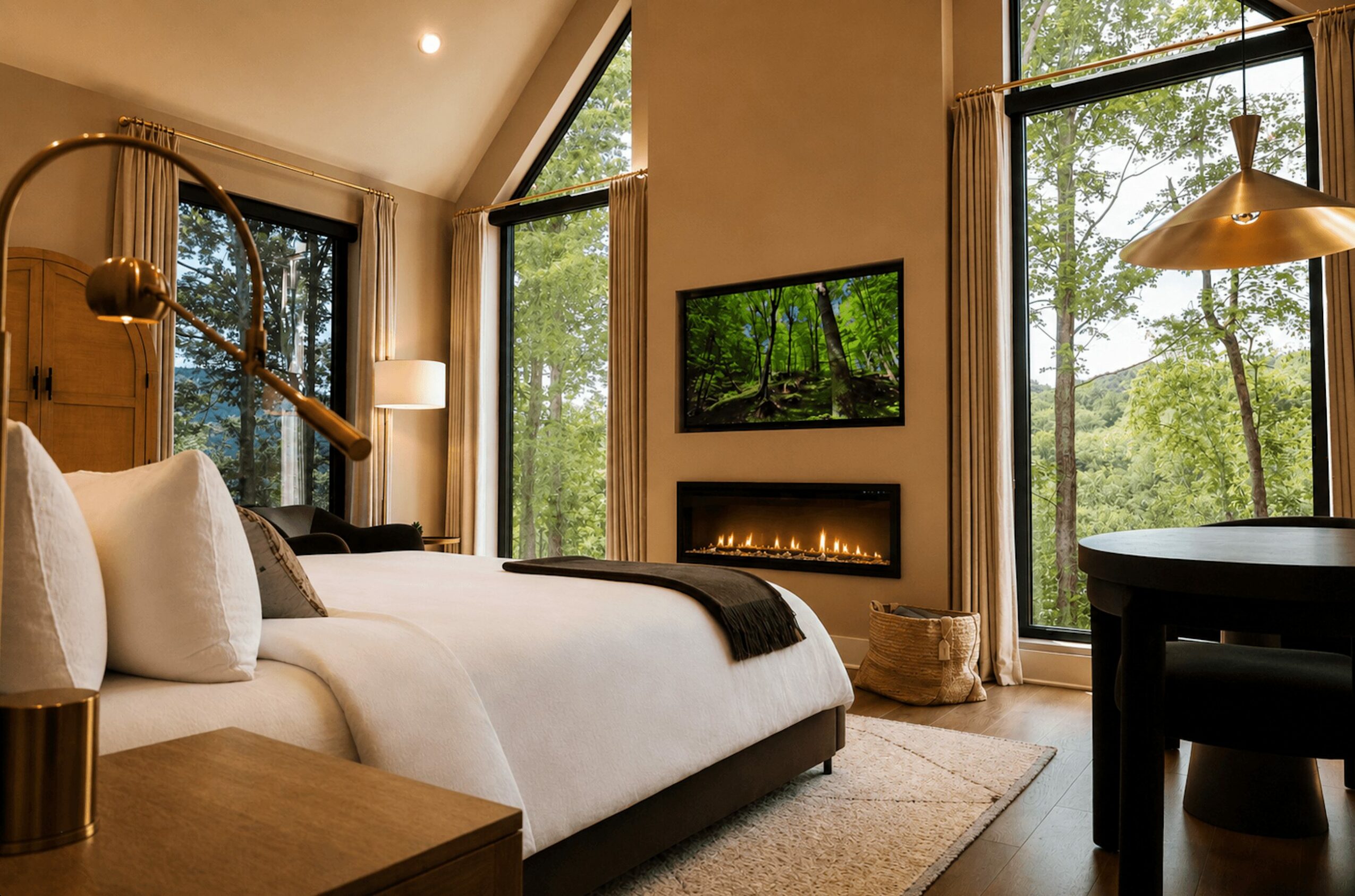 Bedroom with large windows, bed with white bedding, wall-mounted TV, and a fireplace, overlooking a green outdoor scene.