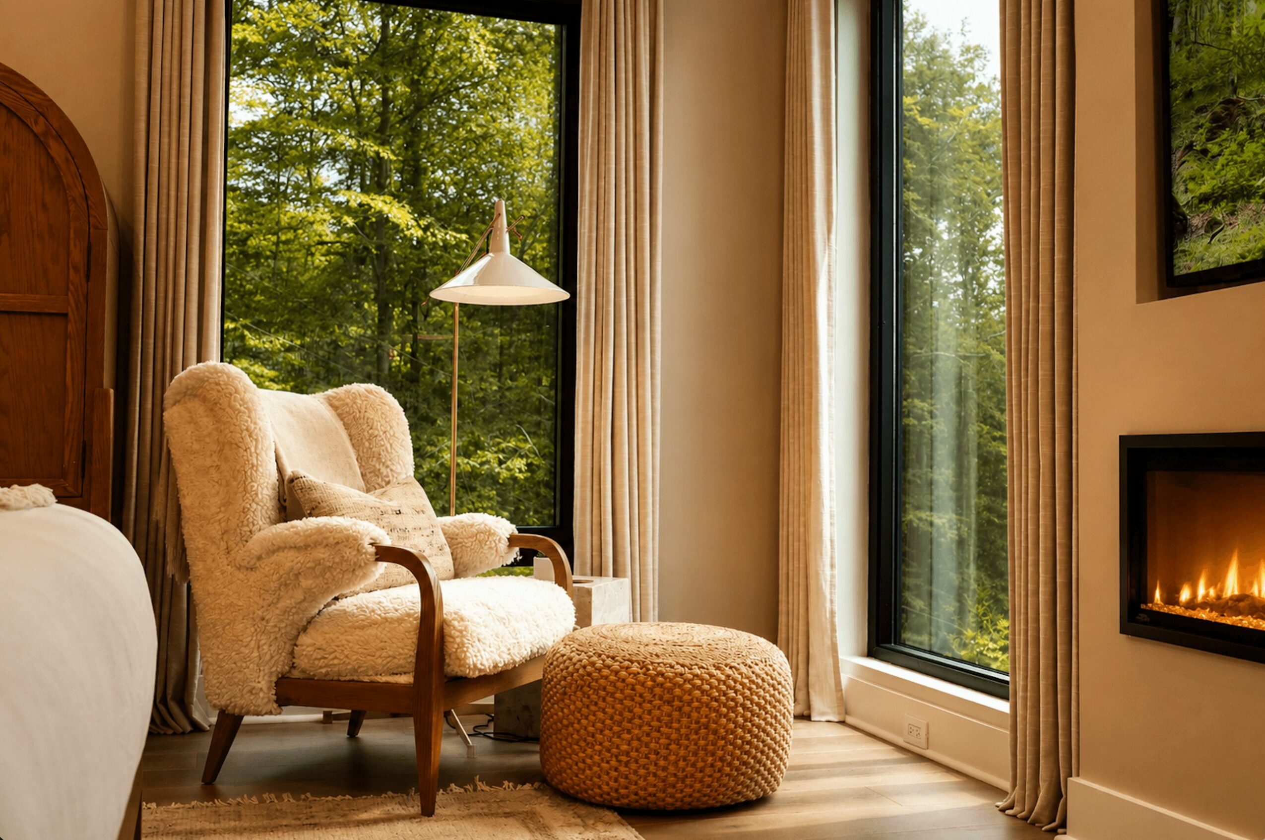 Living room with large windows, beige armchair, round ottoman, and fireplace, overlooking green trees outside.