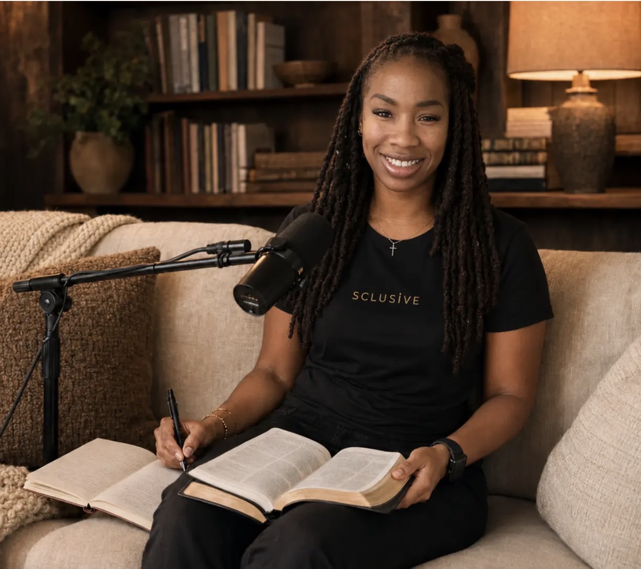 Woman with long braids smiling, sitting on a sofa with open book, microphone, and pen, in a cozy room.