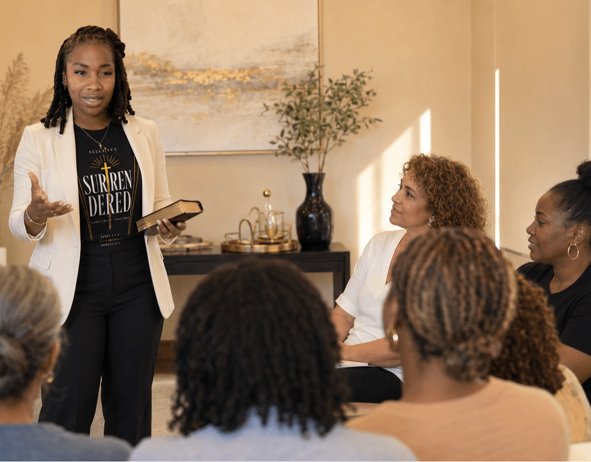 Woman speaking to a group in a room with a painting and a plant, some seated women listening attentively.