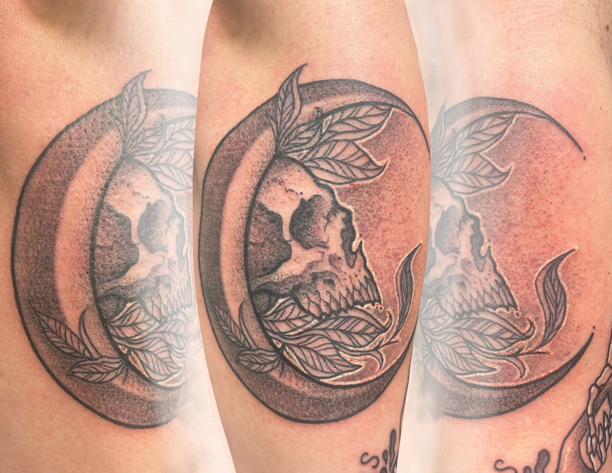 Tattoo of a skull with leaves and a crescent moon, shown in three stages of completion, on skin.