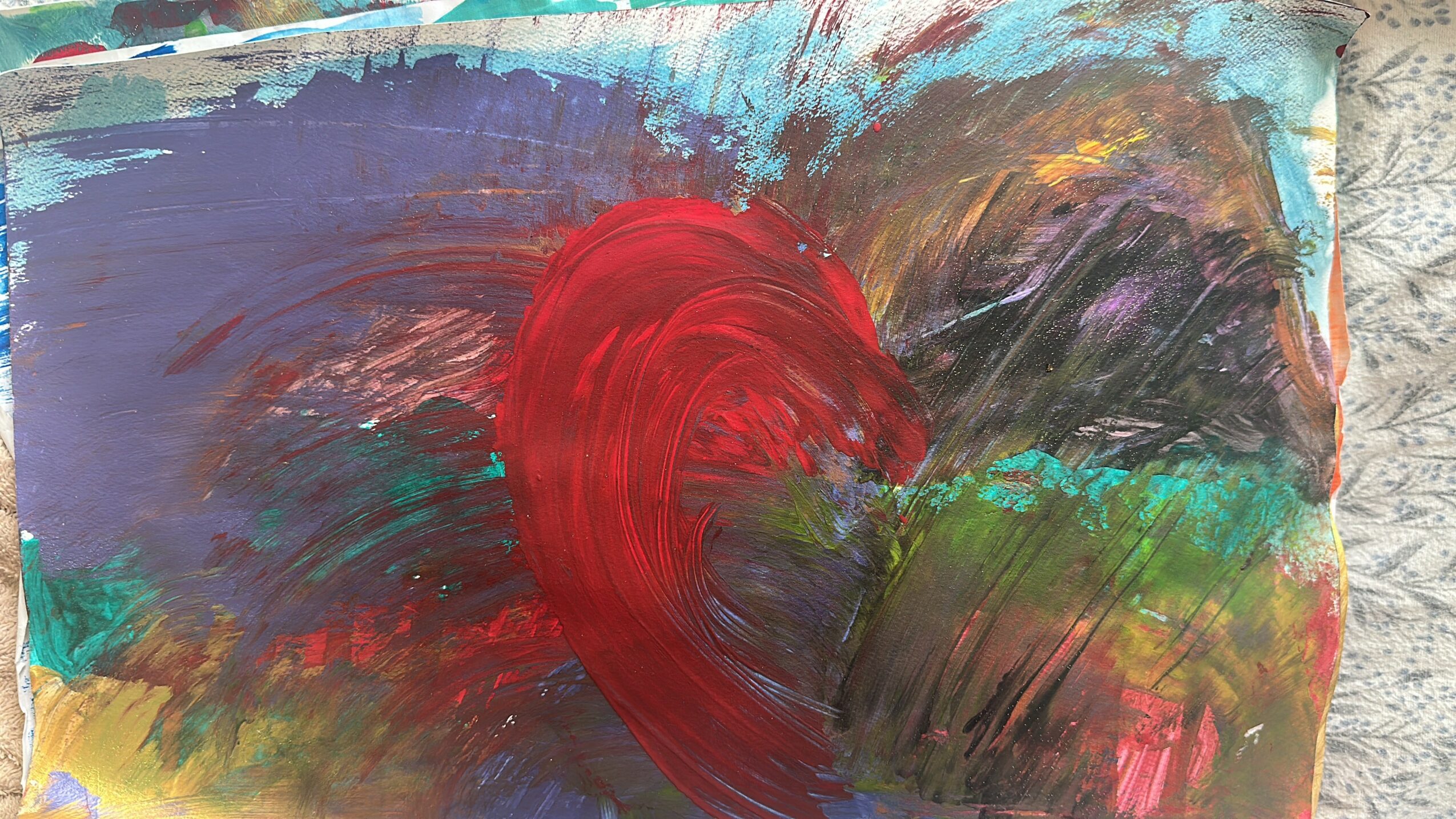 Abstract painting with bold red, purple, green, and yellow brushstrokes on canvas.
