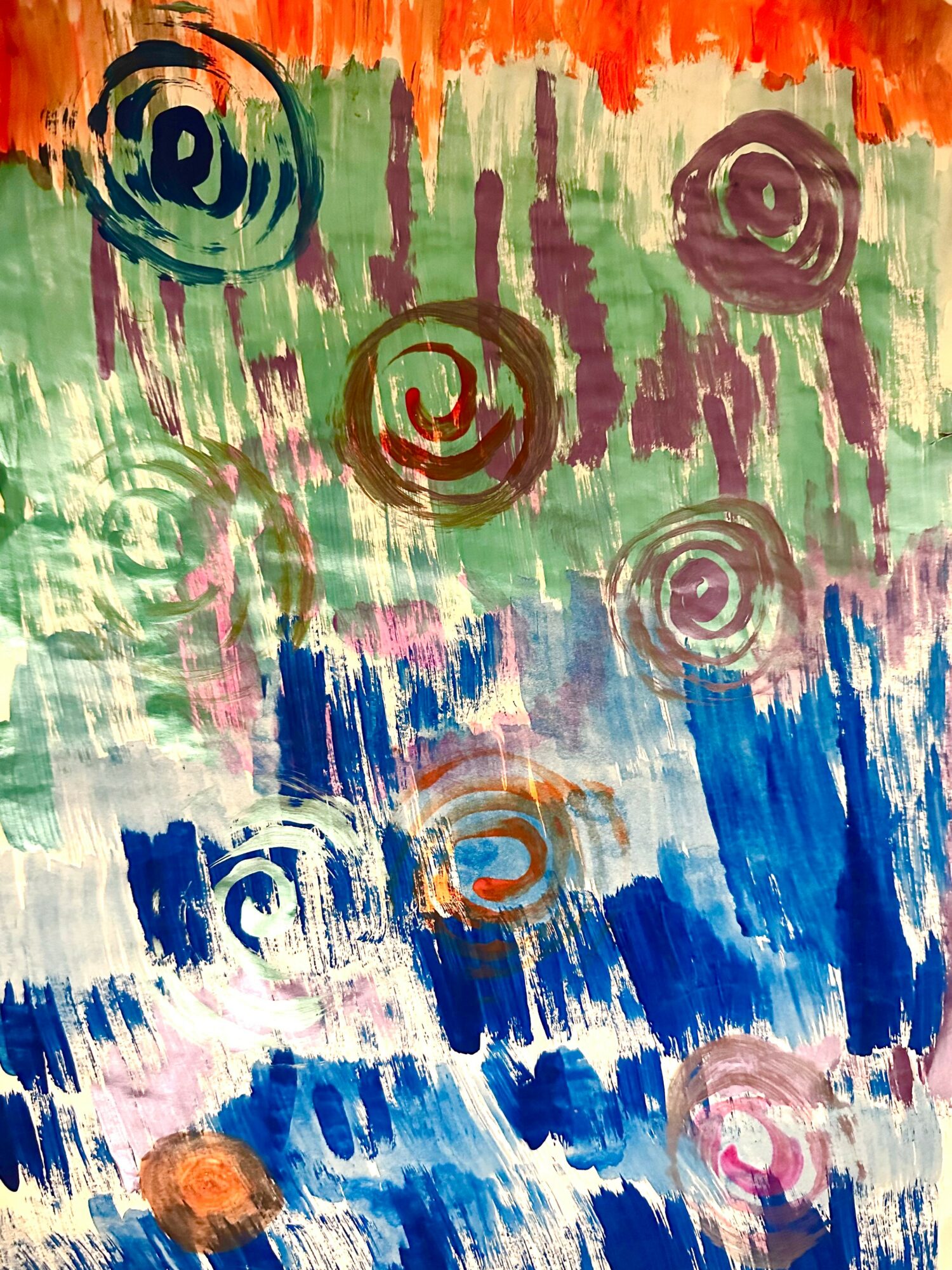 Abstract painting with colorful circular patterns and vertical streaks in green, purple, blue, orange, and red.