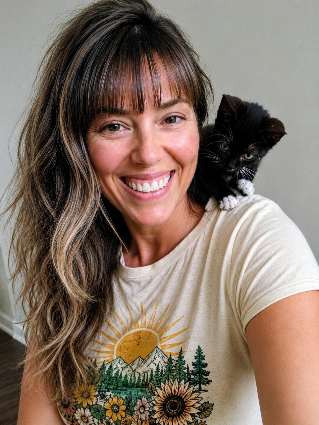 Smiling woman with long hair and bangs, wearing a white T-shirt with a sun and mountain design, holding a black cat on her shoulder.