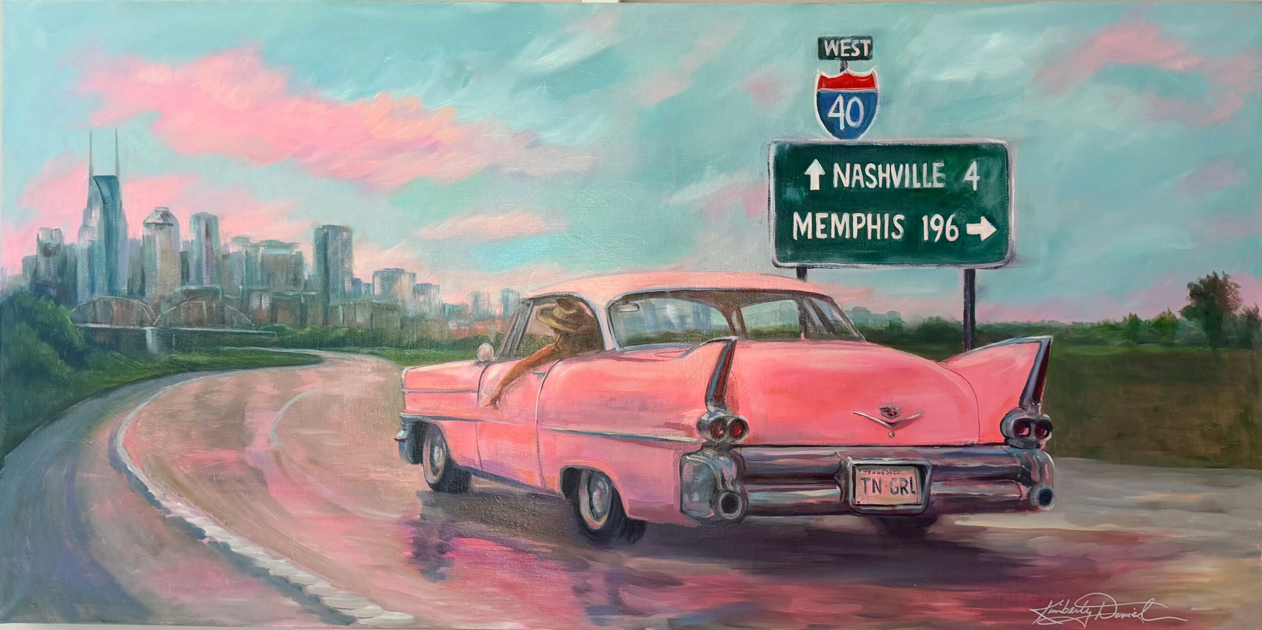 Pink vintage car on a curved road with city skyline and highway signs in the background, painted in pastel colors.